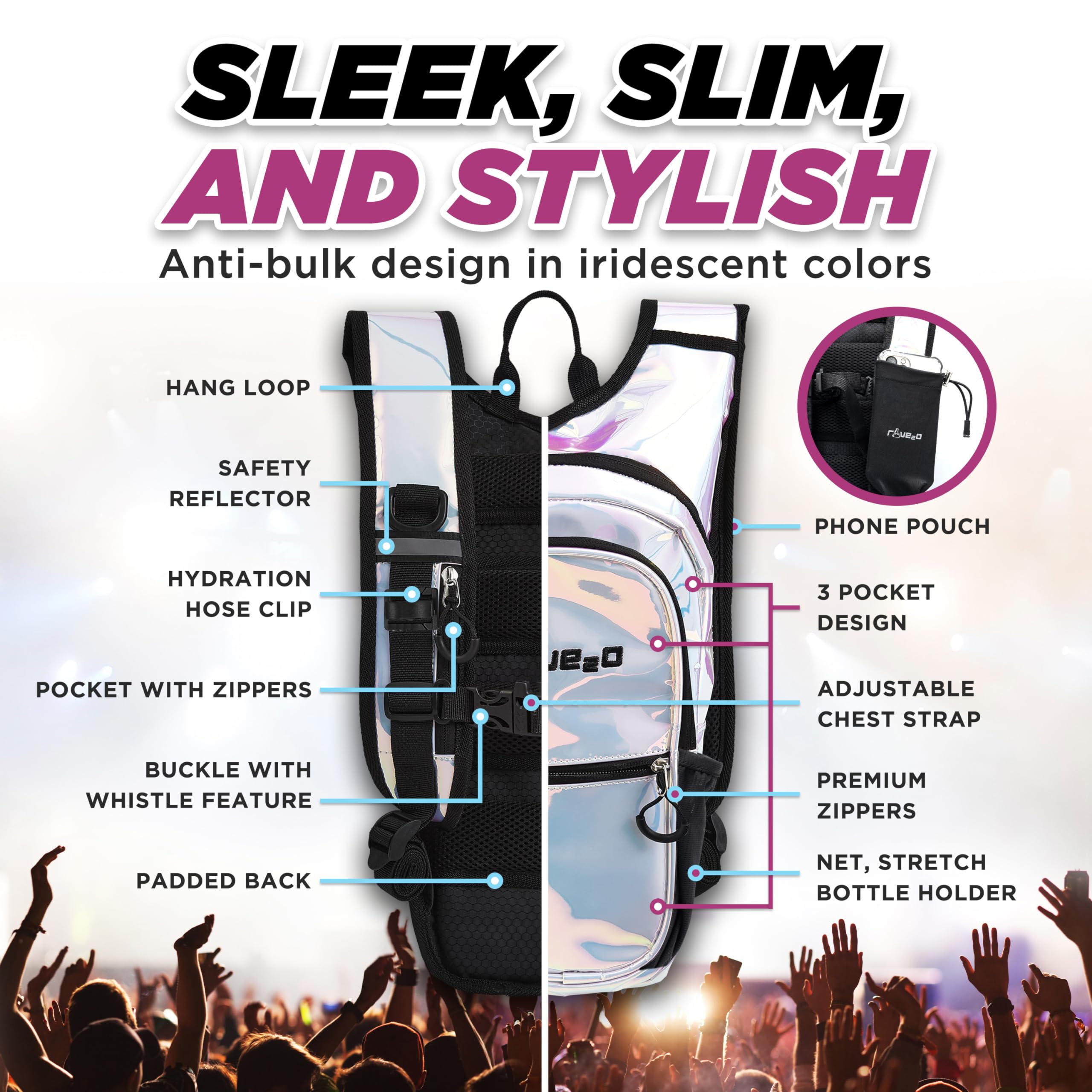 Anti Theft Hydration Backpack 1.5L - Insulated Water Backpack for Raves, Festivals, Hiking & Running - Leakproof Festival Essentials for Men, Women & Kids - Perfect for Outdoor Adventures, Concerts & Sports Events