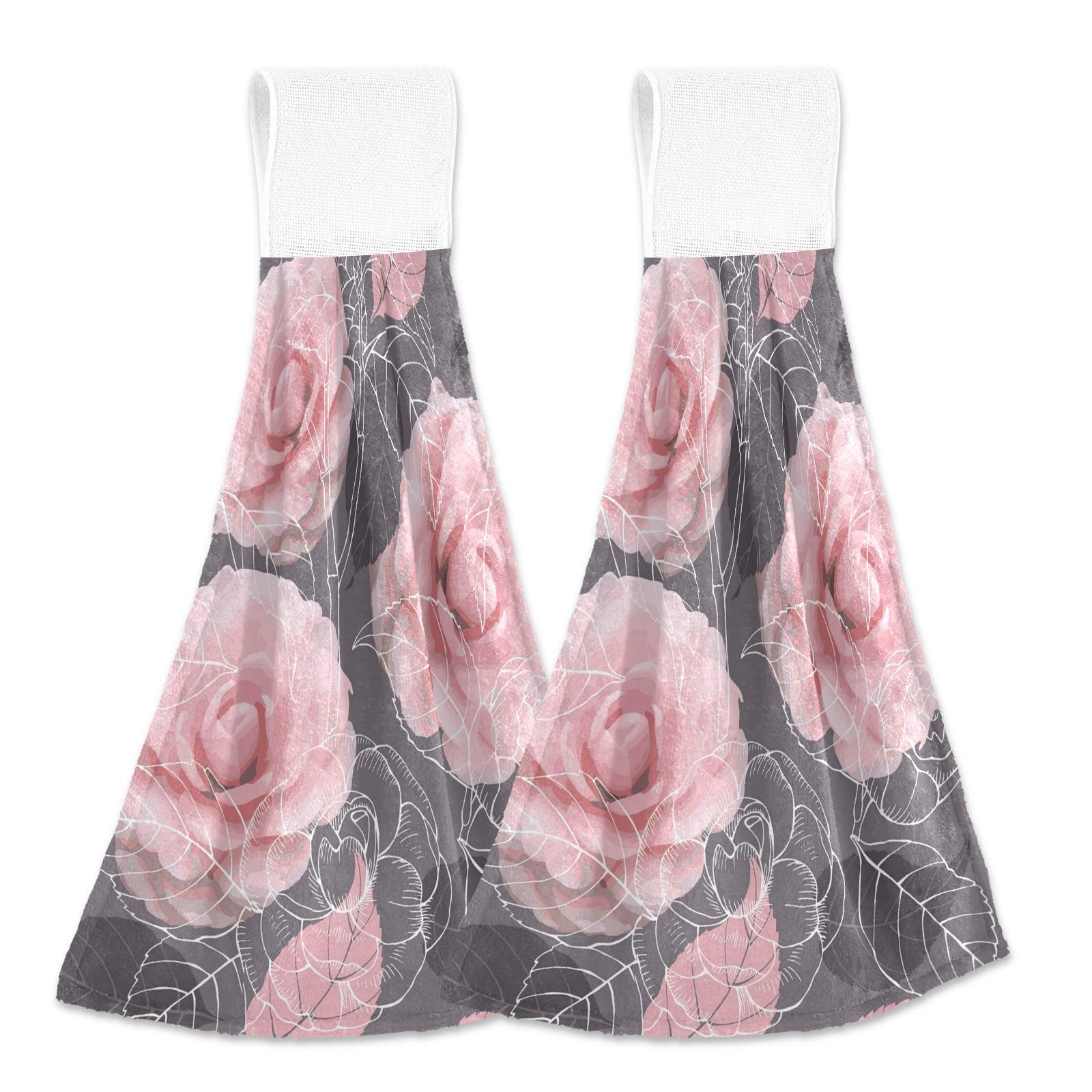 Pink Roses Seamless 2-Piece Hanging Kitchen Hand Towel Set with Hook & Loop - Absorbent Washcloth & Dishcloth for Tea Bar, Bath, and Home Decor