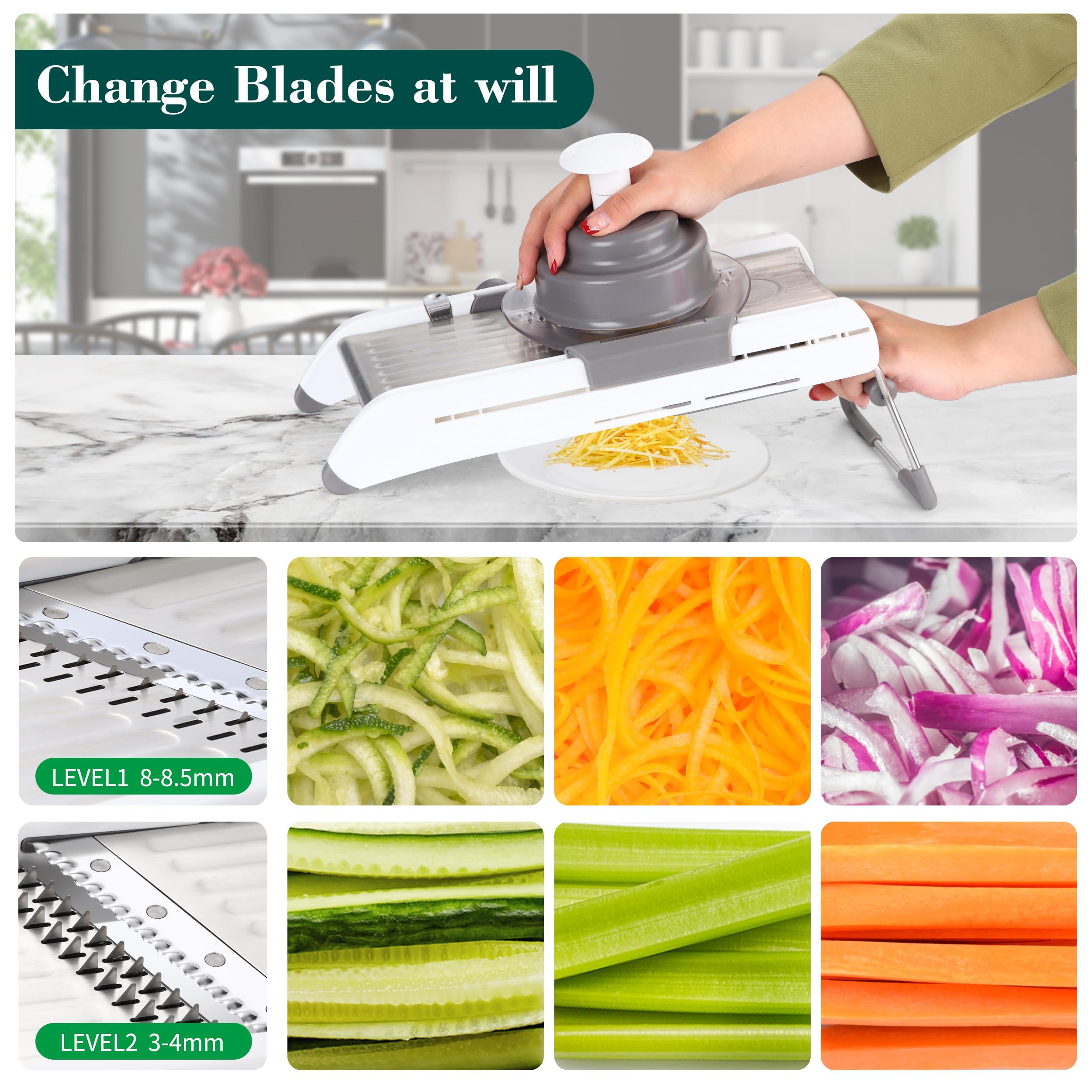 Premium Adjustable Mandoline Slicer - Stainless Steel Kitchen Vegetable Chopper & Slicer with 5 Blades | Perfect for French Fries, Waffle Cuts & Salad Prep | Dishwasher Safe & Ergonomic Design (White)