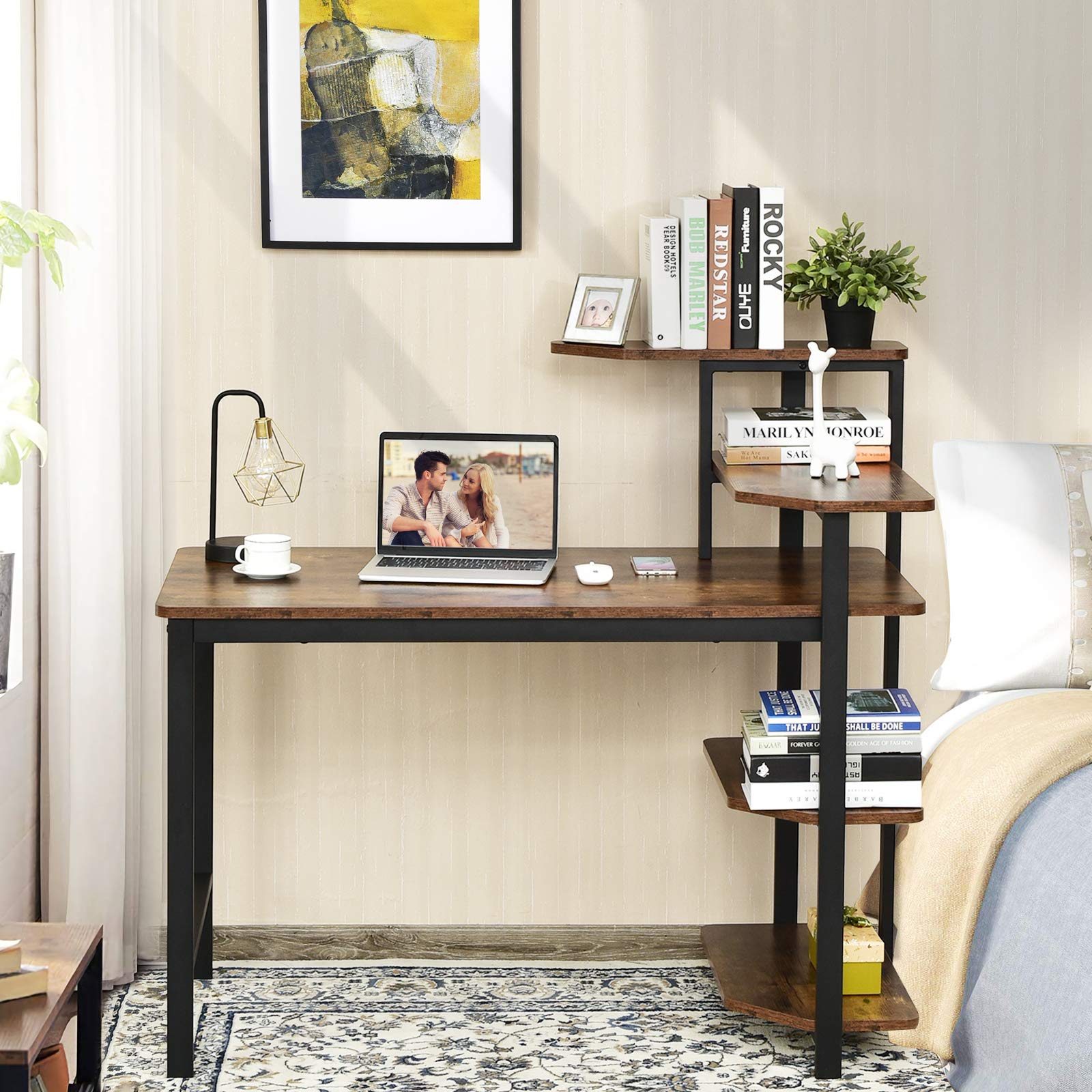 Tangkula 48 Inch Industrial Computer Desk with 4-Tier Storage Shelves - Sturdy Wooden Writing Study Table with Bookshelf, Spacious Work Surface & Metal Frame - Perfect for Home Office, Gaming Setup, and Remote Workstation