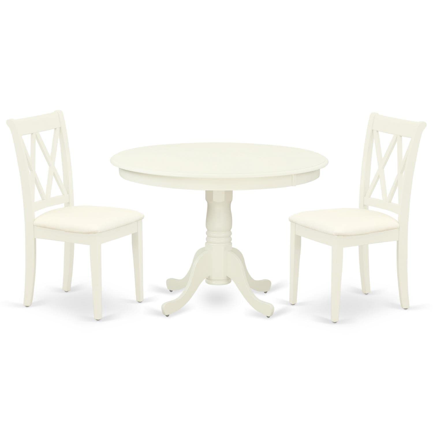 East West Furniture HLCL3-LWH-C 3 Piece White Linen Dining Set - 42 Inch Round Pedestal Table with 2 Fabric Chairs for Kitchen, Breakfast Nook, or Small Space Dining