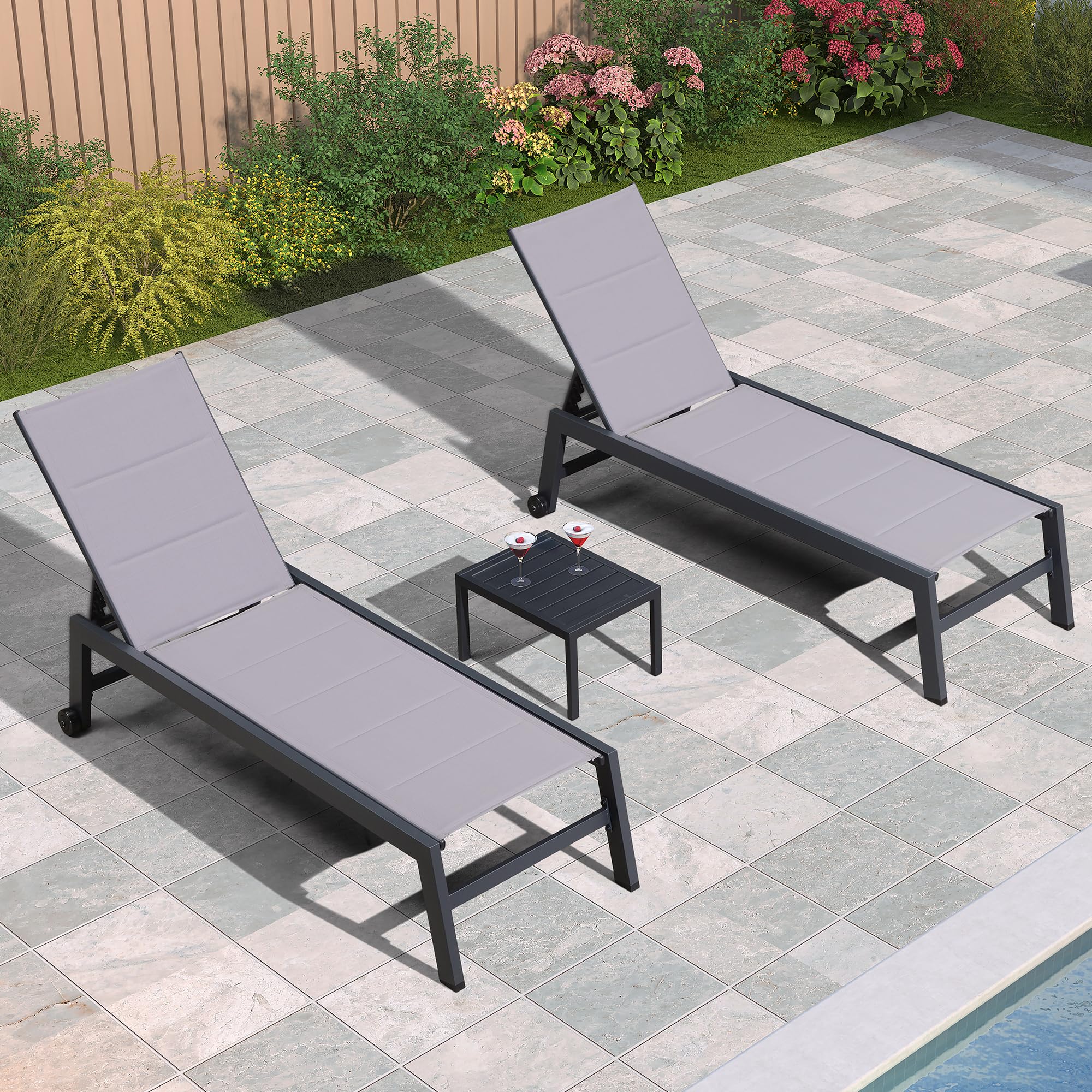 PURPLE LEAF Outdoor Chaise Lounge Set of 2 - Aluminum Patio Lounge Chairs with Wheels & Side Table - Light Grey Poolside Furniture for Backyard, Garden, and Outdoor Relaxation