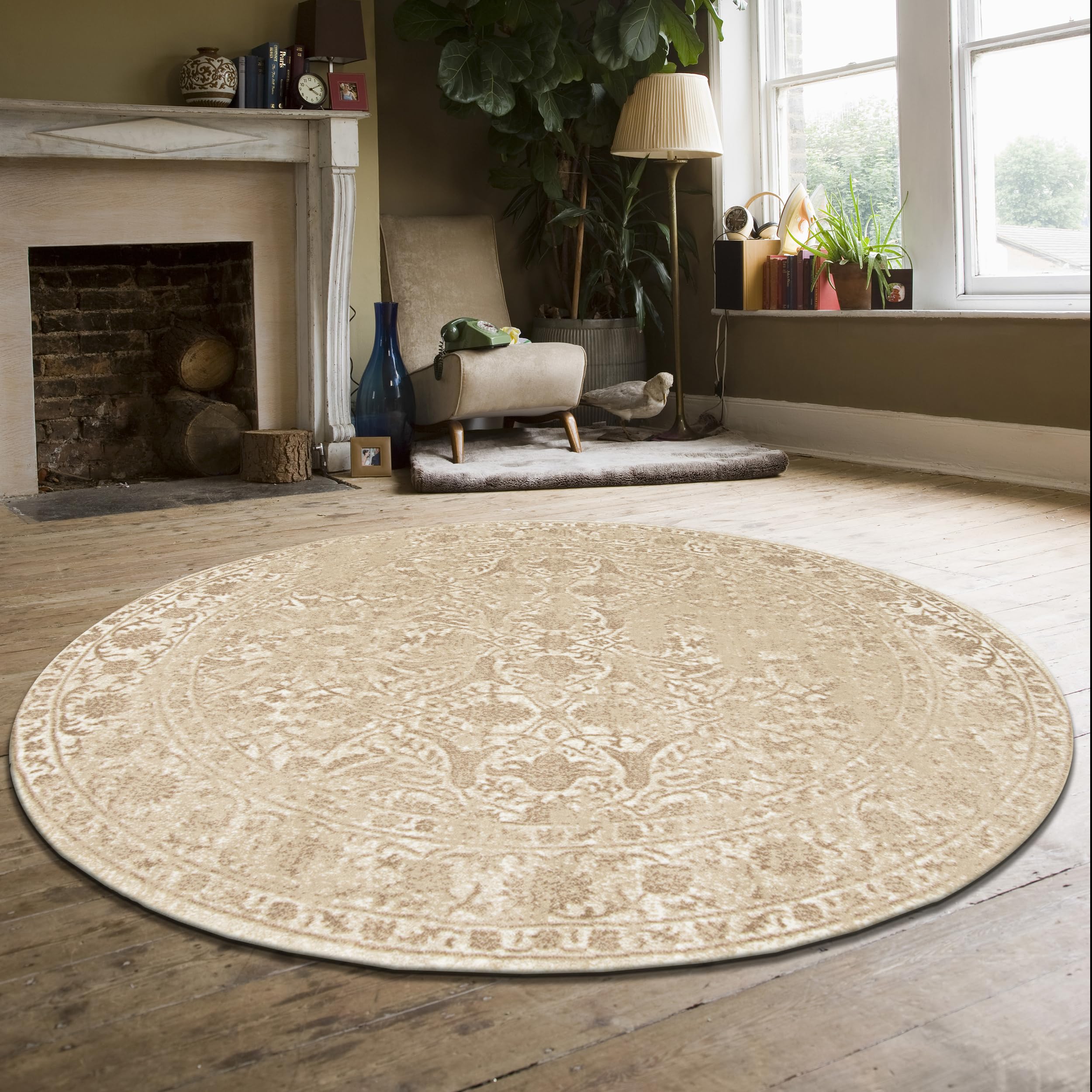 Colosseo Traditional Vintage Round Area Rug - Handmade Wool Carpet for Living Room, Bedroom, Dining Room - Soft & Durable Home Decor