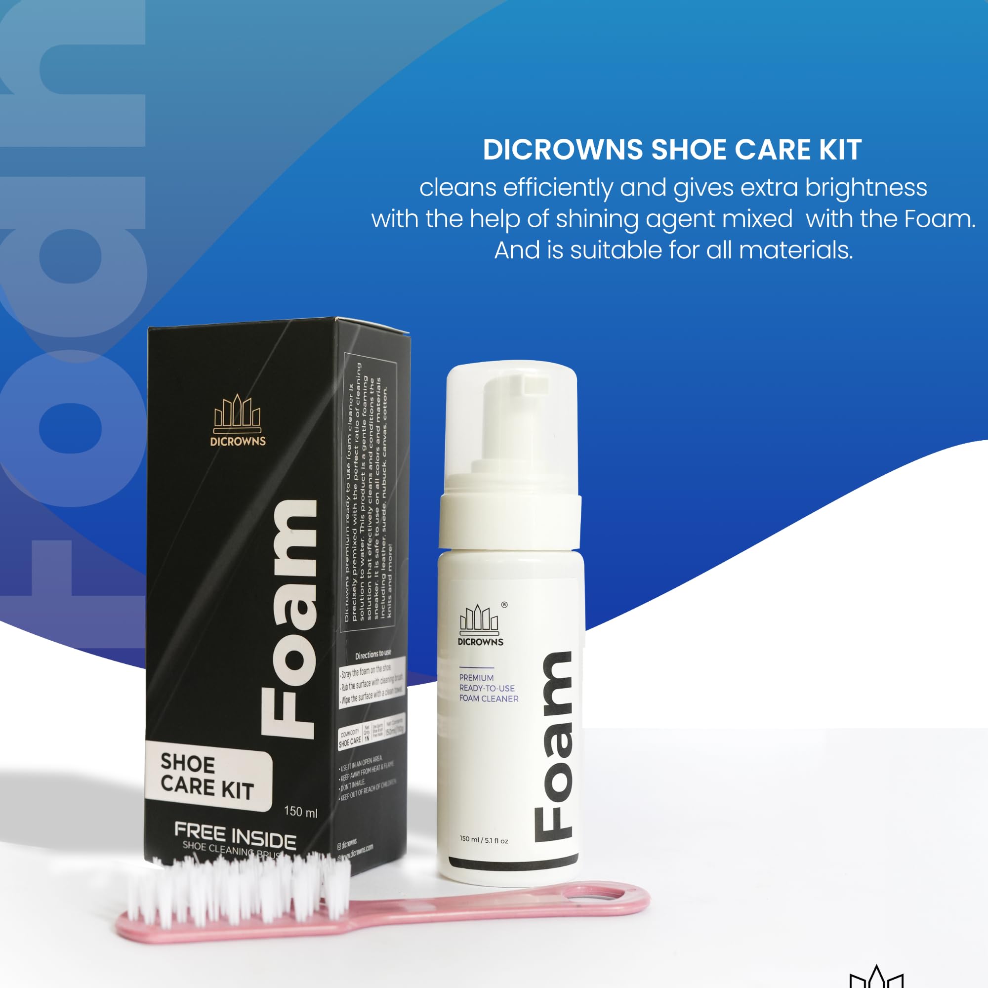 DICROWNS Shoe Cleaning Kit - 150ml Shoe Cleaning Foam Spray with All-Purpose Brush | Professional Sneaker Cleaner for Sports Shoes, Suede & Rubber | Perfect for Gym, Running & Daily Shoe Care