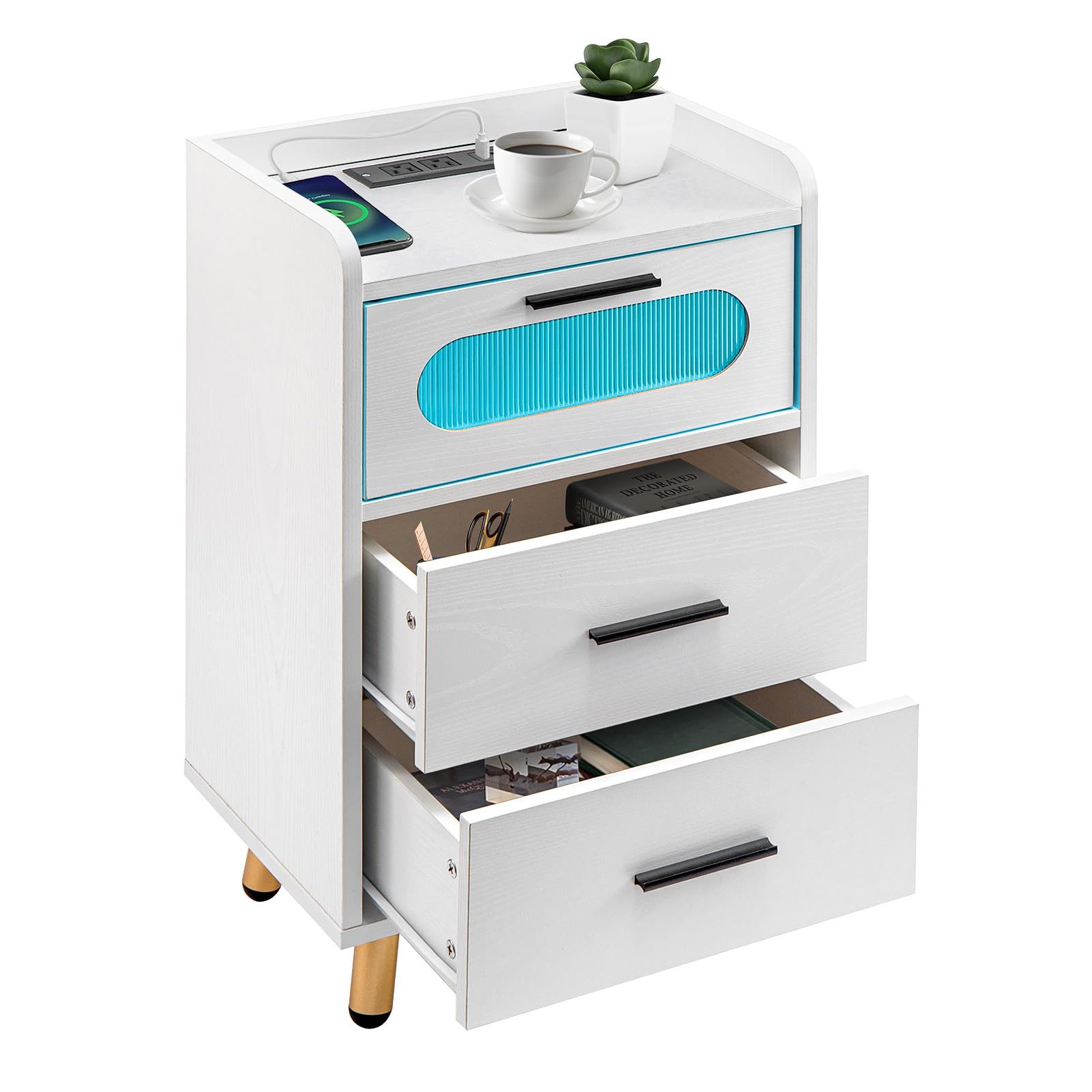 Modern White Wood LED Nightstand with Charging Station - 3 Drawers, USB/Type-C Ports & Outlets - High Gloss Bedside Table for Bedroom - Perfect for Small Spaces, Apartment Living & Guest Rooms