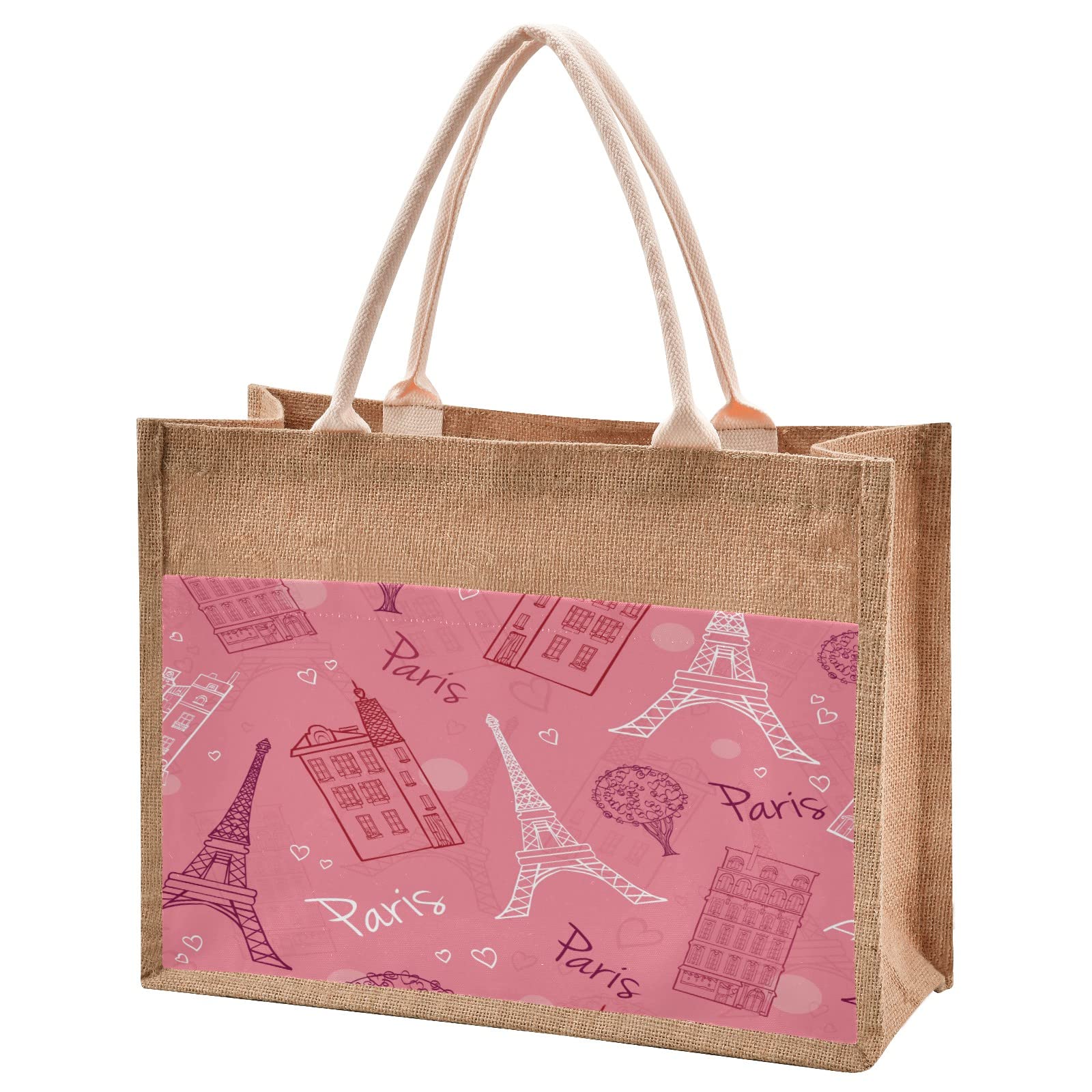 Linqin Pink Romantic Paris Jute Tote Bag - Waterproof Burlap Straw Grocery Shopping Bag with Handles for Women | Perfect for Travel, Beach, Picnic & Daily Use