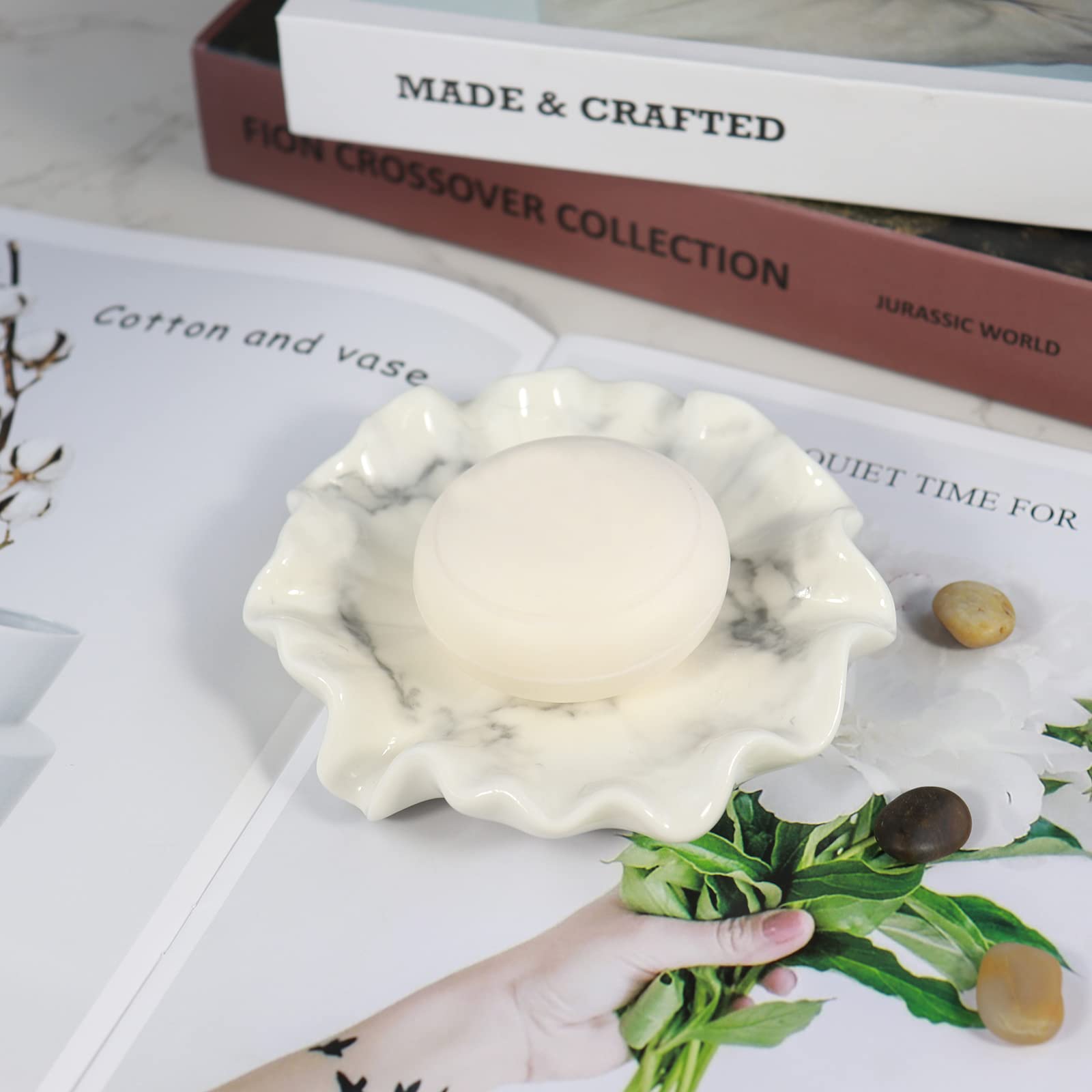 Ceramic Soap Dish with Lotus Leaf White Marble Pattern - Self Draining Soap Holder with Waterfall Slot - Bathroom & Kitchen Countertop Organizer for Sponges and Soap - Perfect for Modern Bathrooms, Spa Showers, and Luxury Hotel Style Vanities