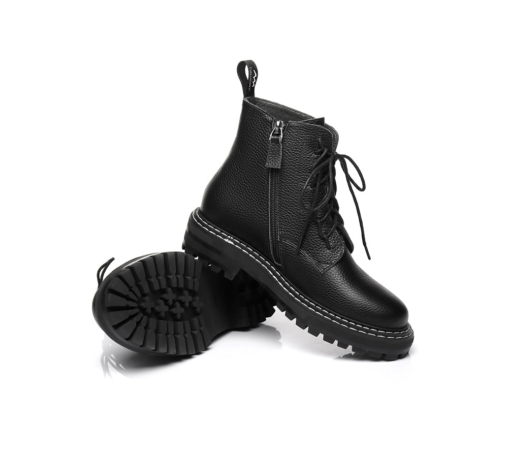 TARRAMARRA® Women's Chunky Black Leather Boots with Zipper - Stylish & Comfortable for Fall, Winter & Casual Outfits | Leona Collection