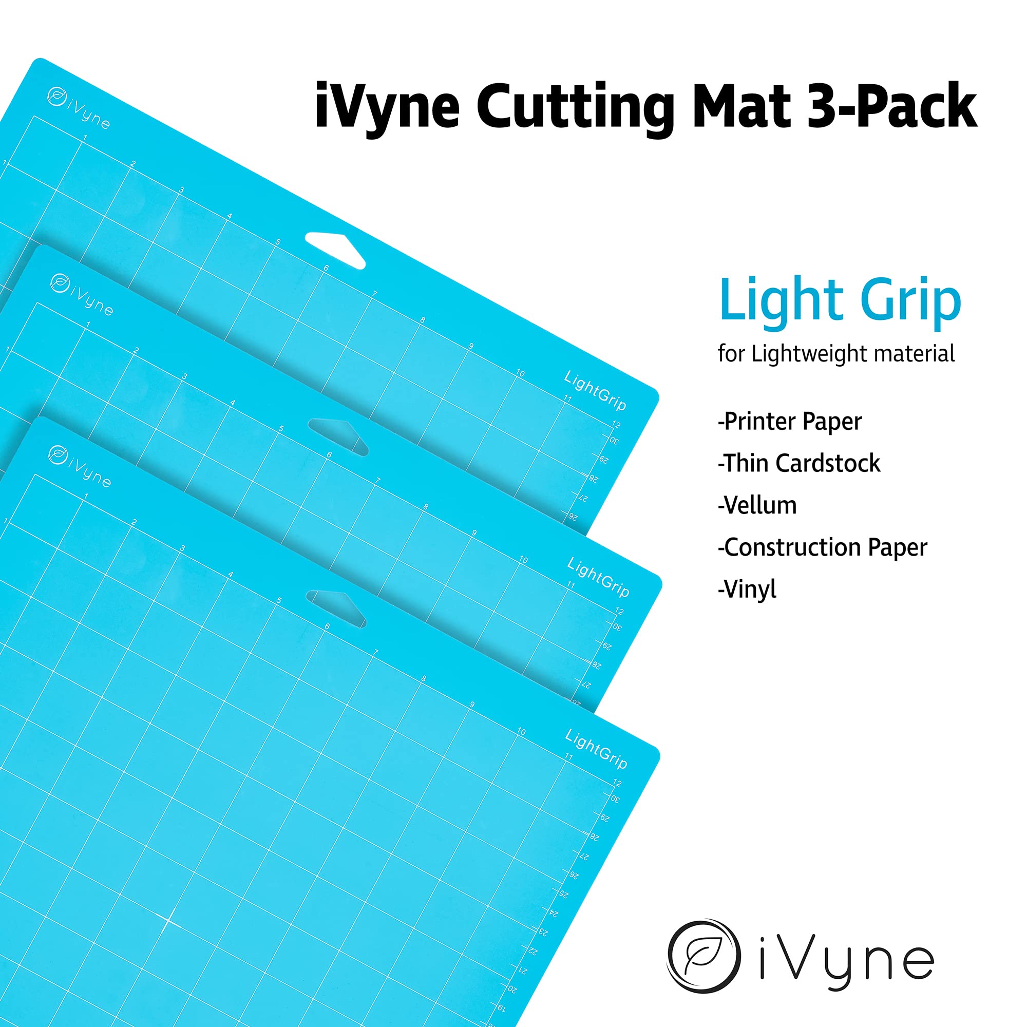 iVyne 3-Pack Light Grip Cutting Mat 12x12 Inch for Cricut Explore Air 2/Maker/Air/Maker 3 - Blue Self-Healing Craft Mat for Vinyl, Paper, Cardstock - Perfect for DIY Scrapbooking, Card Making & Craft Projects