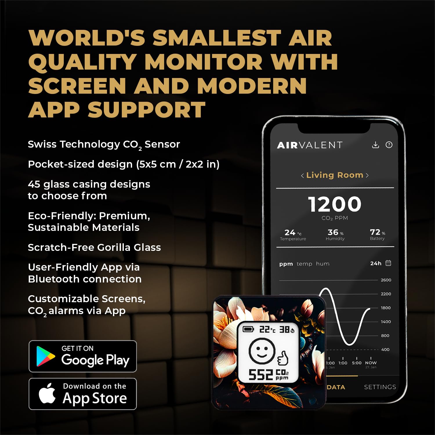 Wireless Indoor Air Quality Monitor for Home & Office - CO2, Humidity, Temperature Sensor with LCD Display & Smartphone App - Compact Portable Design with Durable Aluminum Frame (Lava) - Perfect for Bedrooms, Classrooms, and Workspaces