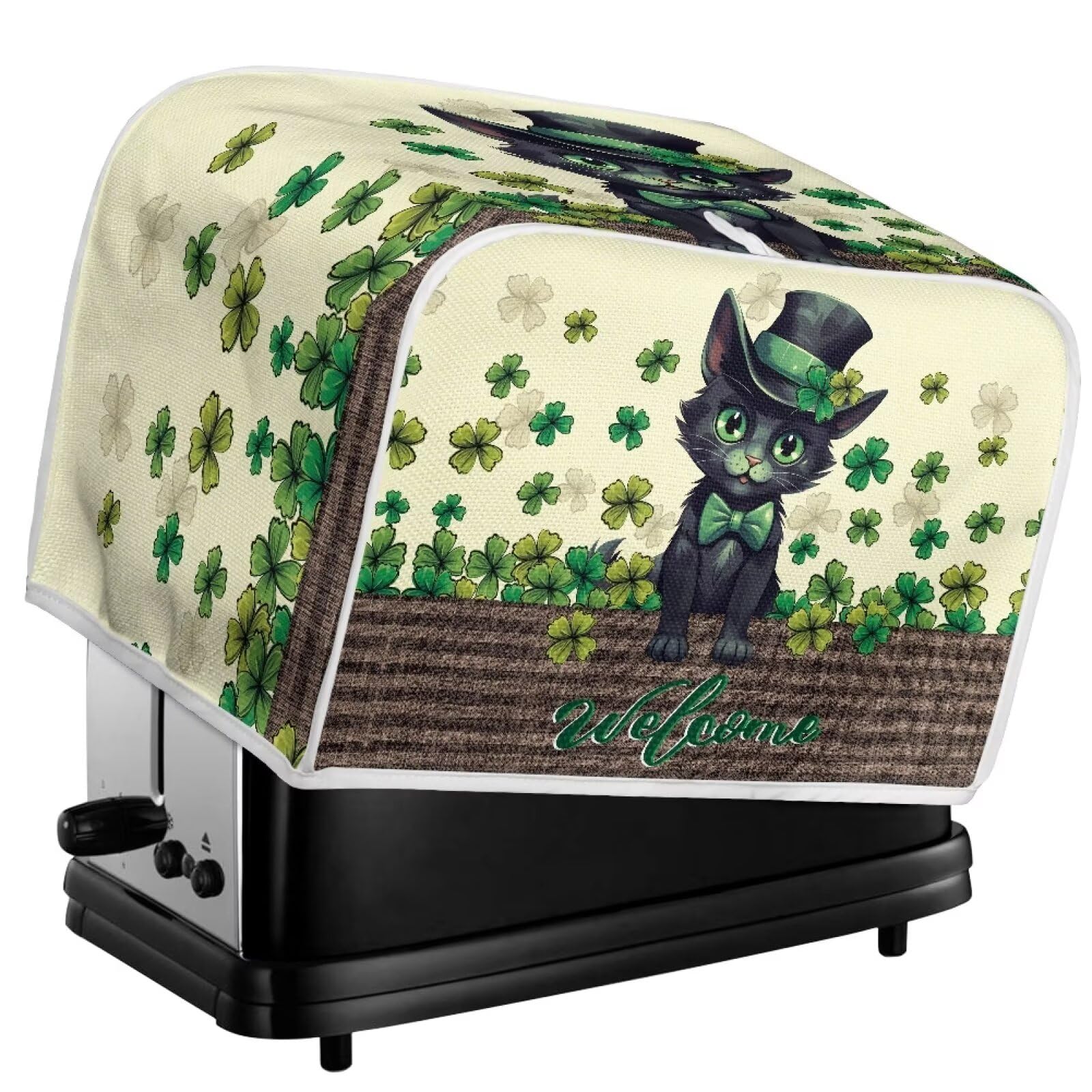 Lucky Leaves Black Cat Printed 4-Slice Toaster Cover - Universal Fit for Most Standard Toasters, Quilted Oven Bread Maker Dust Protector - Perfect for Kitchen Countertop Decor & Bakeware Protection