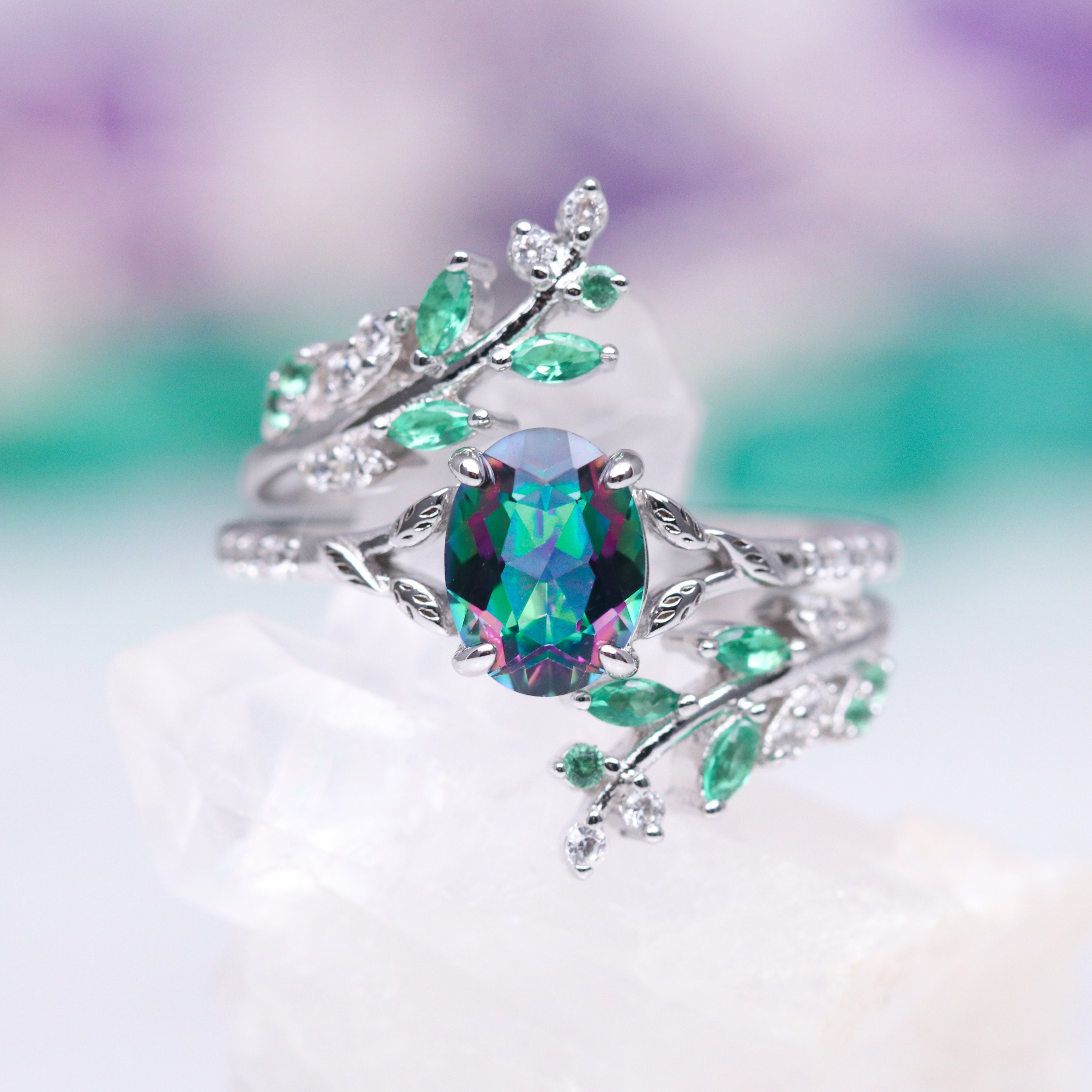 14K White Gold Mystic Topaz & Emerald Leaf Engagement Ring Set - Perfect for Wedding, Proposal, Anniversary & Special Occasions