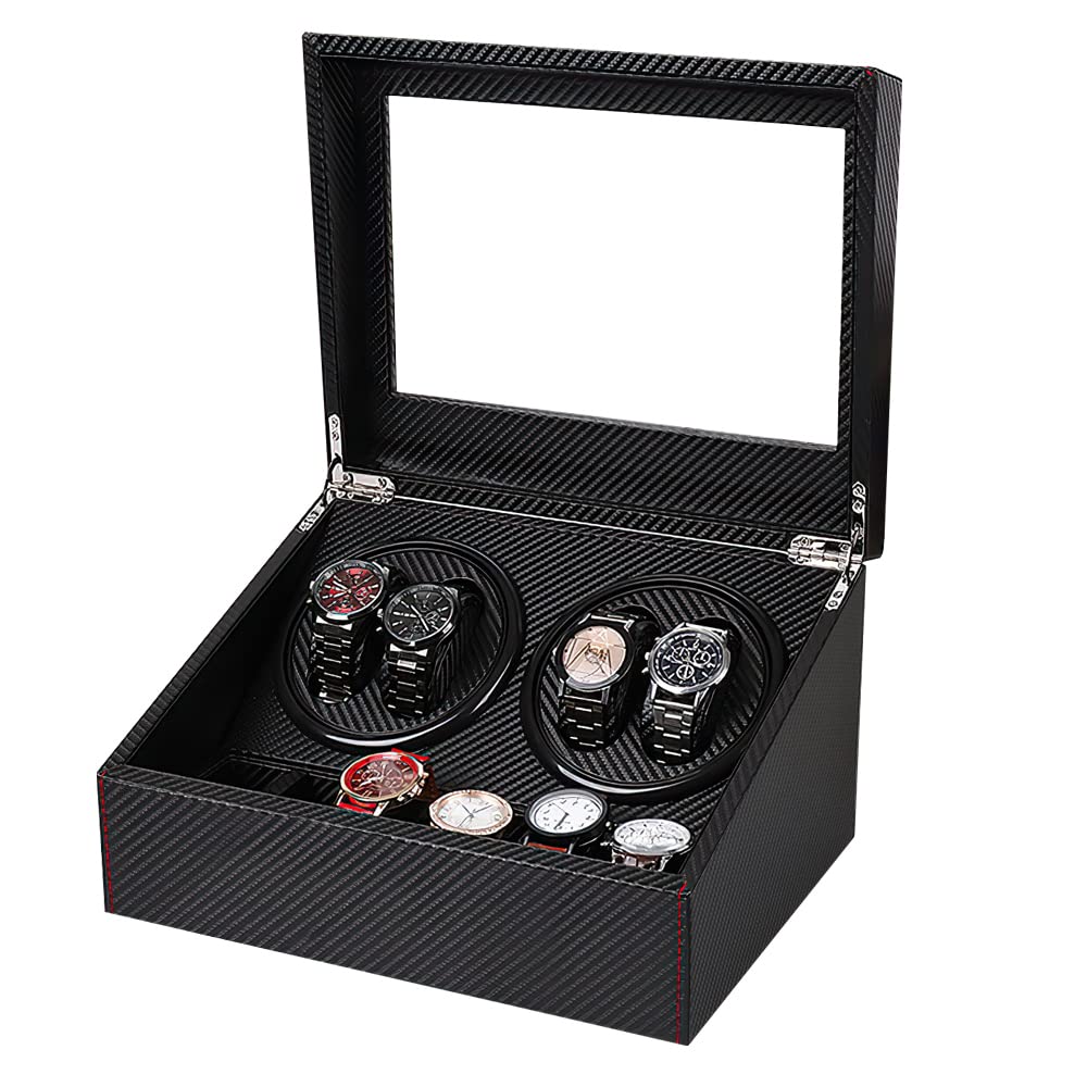 Premium Automatic Watch Winder for Rolex & Luxury Watches - 4 Watch Winders & 6 Storage Slots with Japanese Mabuchi Quiet Motor - Carbon Fiber Leather Case with AC Adapter - Perfect for Watch Collectors & Travel (Home, Office, Safe Storage)