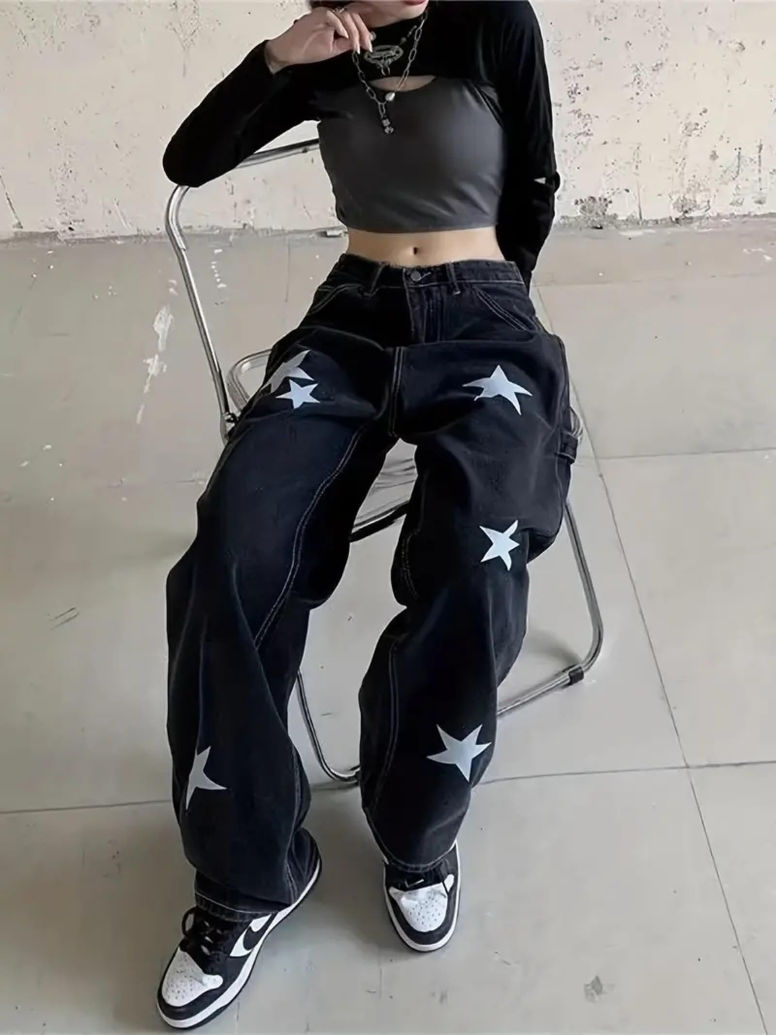Y2K Star Graphic Goth Jeans - High Waisted Straight Leg Denim Pants for Women | Retro Streetwear Fashion for Concerts, Parties & Casual Outfits