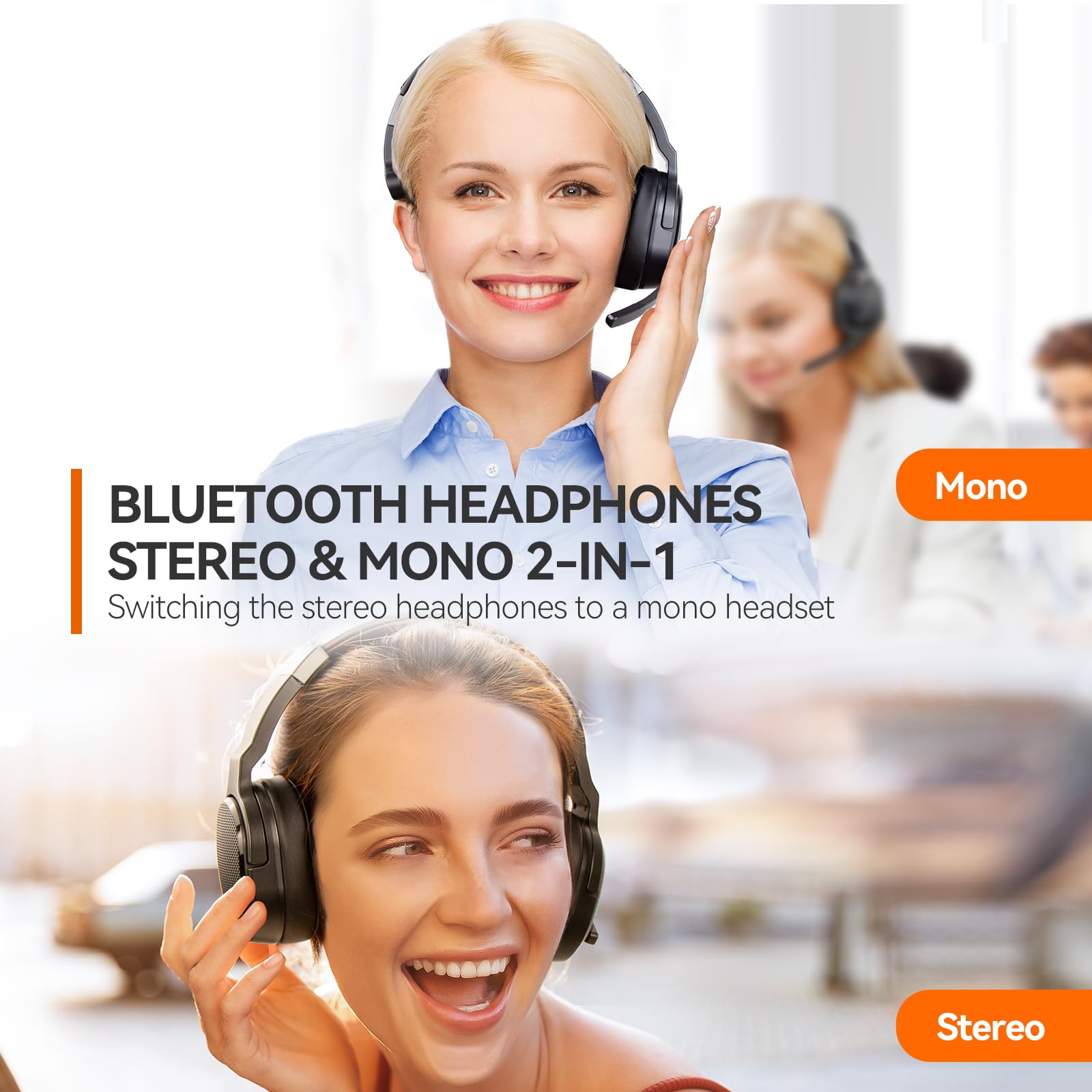 TECKNET Bluetooth Trucker Headset - 40Hrs Battery Life, Wireless Headset with Noise Cancelling Mic & 3 EQ Modes for PC, Drivers, Office & Call Center | Perfect for Long Work Shifts, Hands-Free Calls & Clear Audio in Noisy Environments