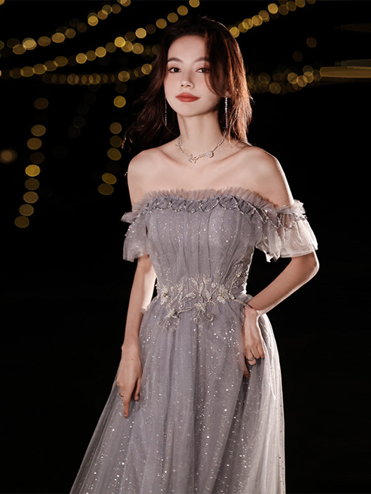 Elegant Off Shoulder A-Line Tulle Prom Dress - Shiny Gray Formal Evening Gown for Homecoming, Quinceañera & Special Occasions