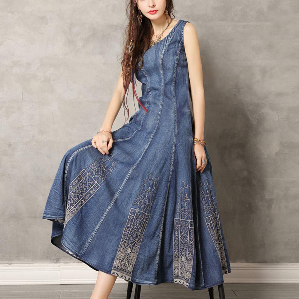 Vintage Embroidery Denim Jean Vest Dress for Women - Long Sleeve Boho Chic Jacket for Casual Outfits & Layering