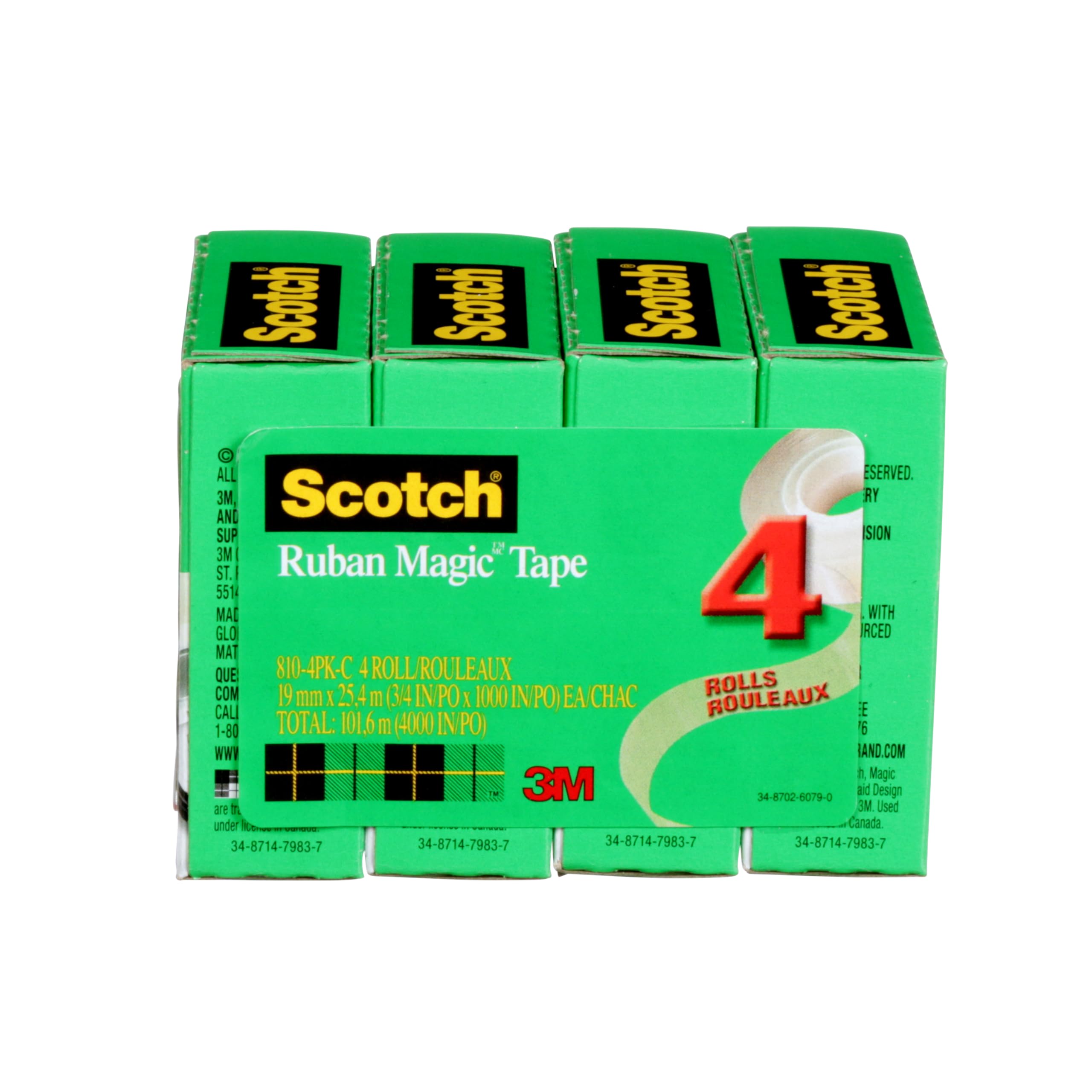 Scotch Magic Tape 19mm x 25.4m (4 Rolls) - Invisible, Matte Finish for Office, School & Gift Wrapping - Perfect for Documents, Crafts & Sealing Envelopes