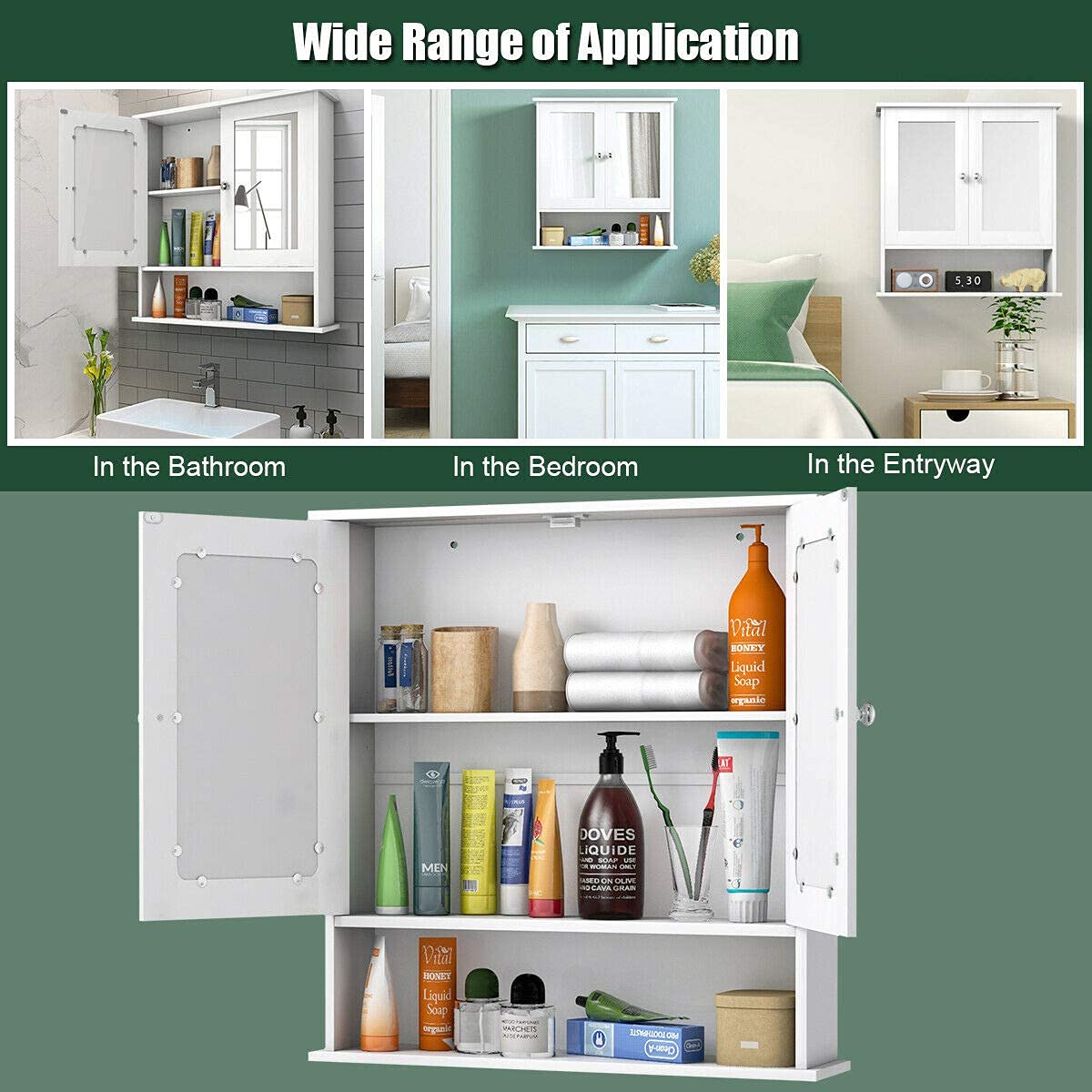 White Wall Mounted Wooden Bathroom Cabinet with Double Mirror Doors - Over Toilet Storage Organizer with Round Knobs for Bathroom, Kitchen, Bedroom - Perfect for Small Space Organization & Home Decor