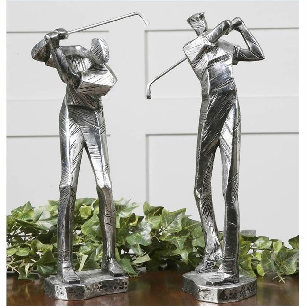 BOWERY HILL Silver Metallic Practice Shot Statues - Set of 2 Decorative Golf Gifts for Men | Perfect for Office Desk Decor, Golf Lover's Collection & Sports Themed Home Decor