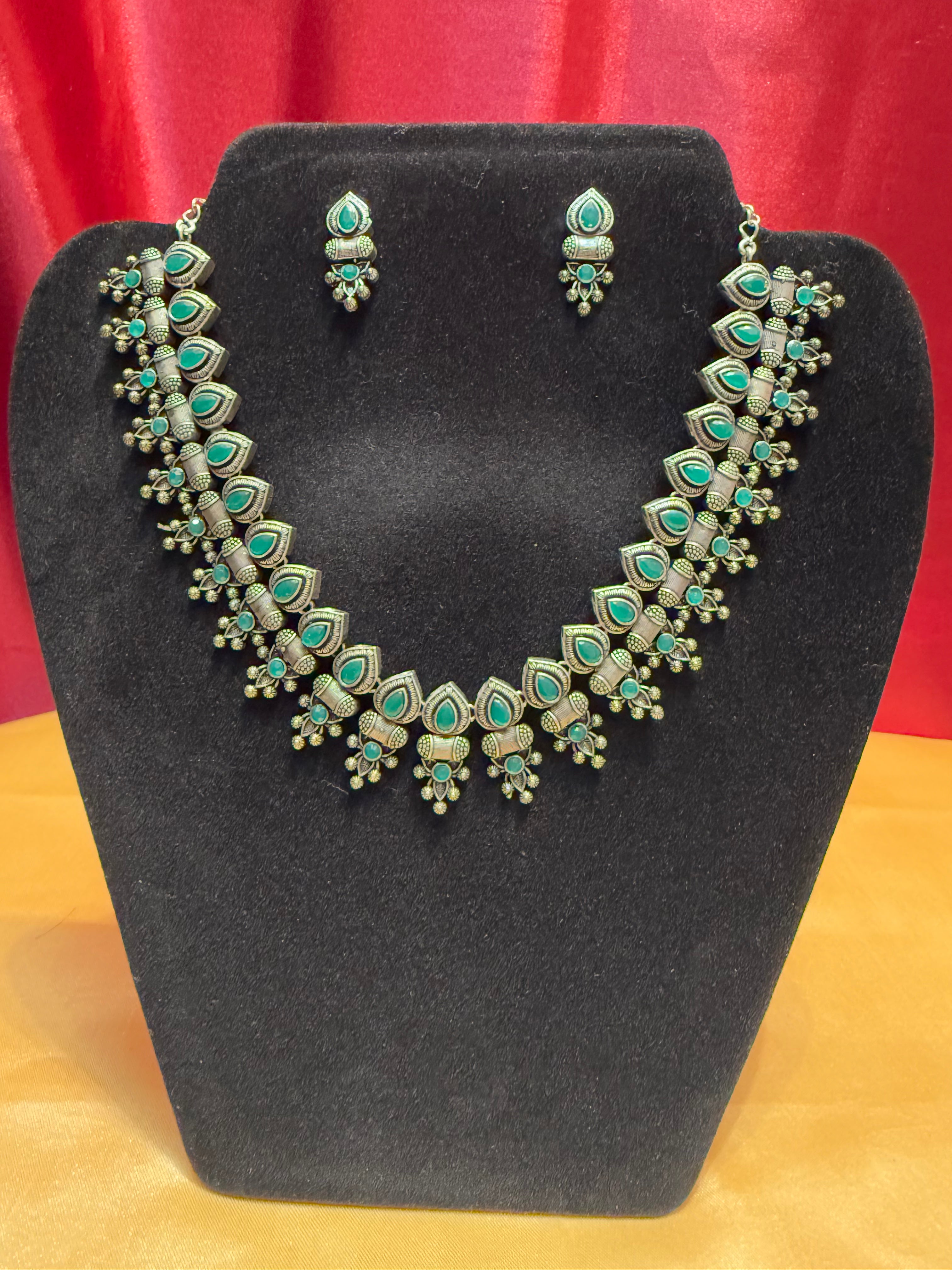 Stunning Green Stone Oxidized Necklace & Earrings Set | Handmade Bohemian Jewelry for Women | Perfect for Parties, Weddings & Everyday Wear