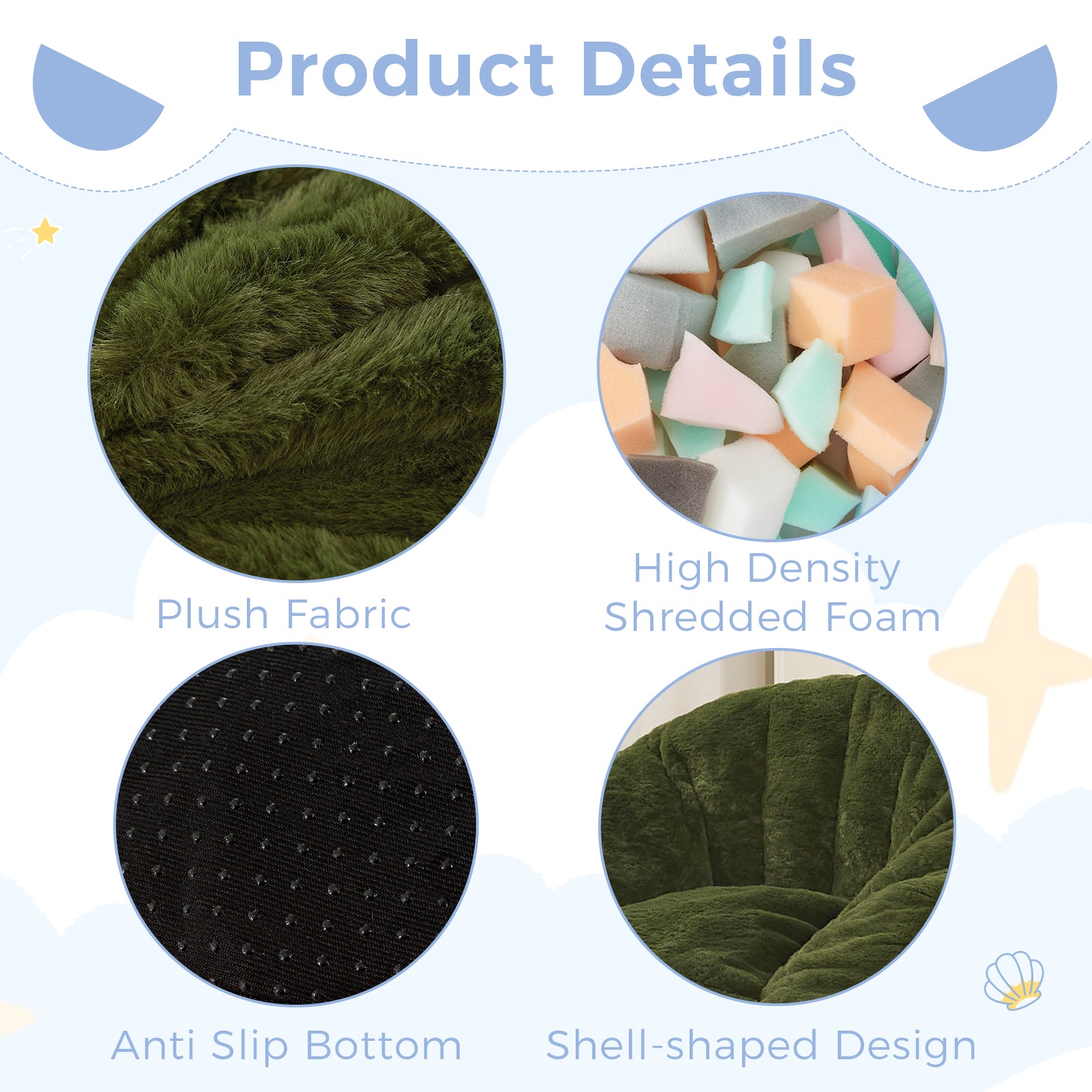 MAXYOYO Kids Bean Bag Chair - Shell Shaped Bean Bag Couch for Boys & Girls, Green - Perfect for Playrooms, Bedrooms & Reading Nooks