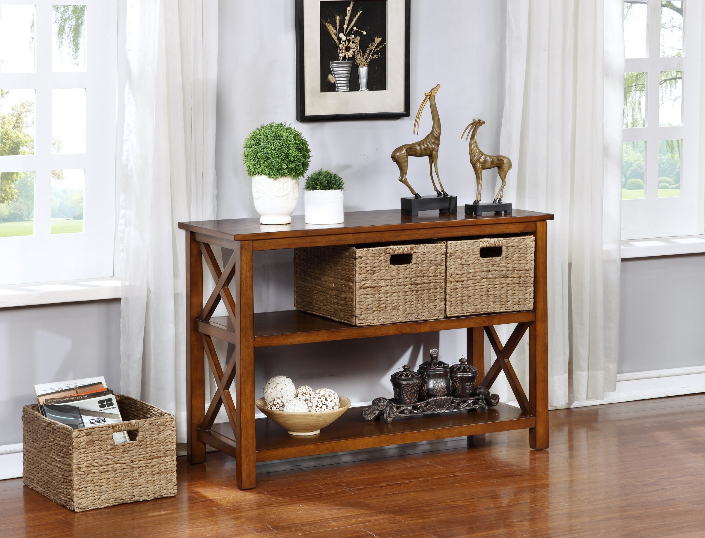 eHemco X-Side Console Sofa Table with 2 Storage Shelves & 3 Wicker Baskets - Modern Couch Side Table with Storage for Living Room, Bedroom, or Office - Perfect End Table for Coffee, Books, and Home Decor