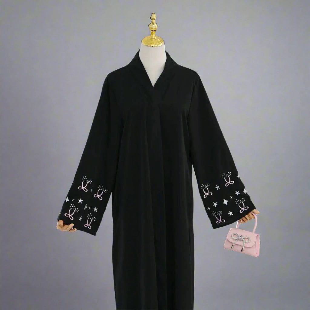Elegant Hijab Embroidery Cuff Satin Cardigan Open Abaya Dress - Modest Muslim Fashion for Women, Prayer, Special Occasions & Everyday Wear