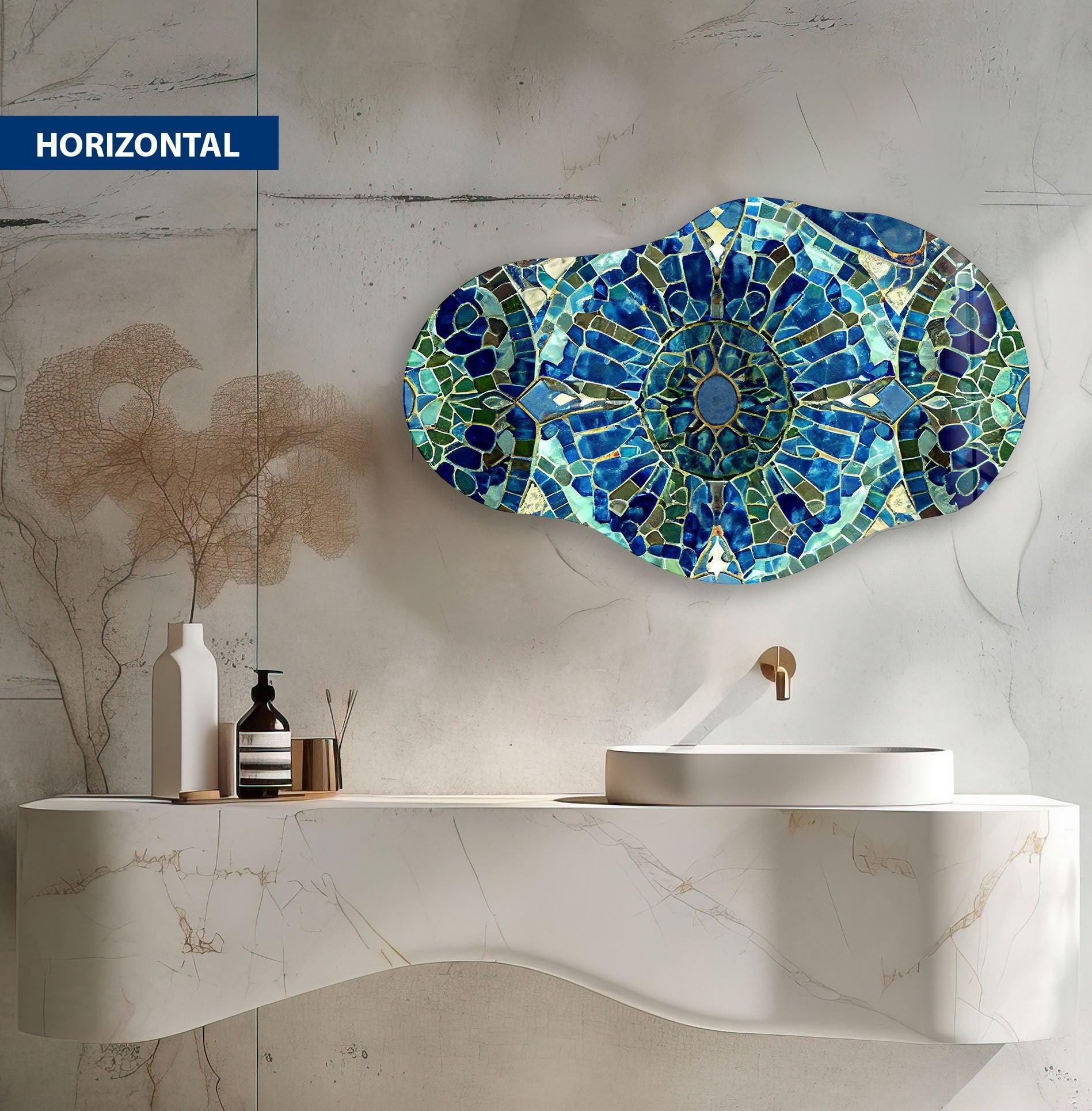 Handmade Asymmetrical Blue Mosaic Glass Wall Art - Modern Abstract Home Decor for Living Room, Bedroom & Office