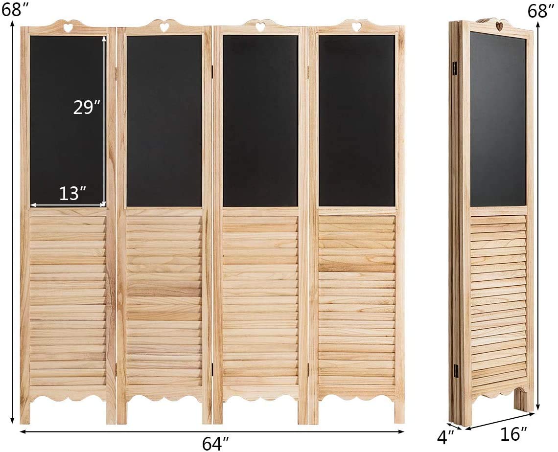 Happygrill 4 Panel Wooden Room Divider with Chalkboard - 5.7 Ft Tall Folding Privacy Screen for Bedroom, Office, Living Room & Restaurant - Perfect for Space Partition, Home Decor & Creative Note-Taking