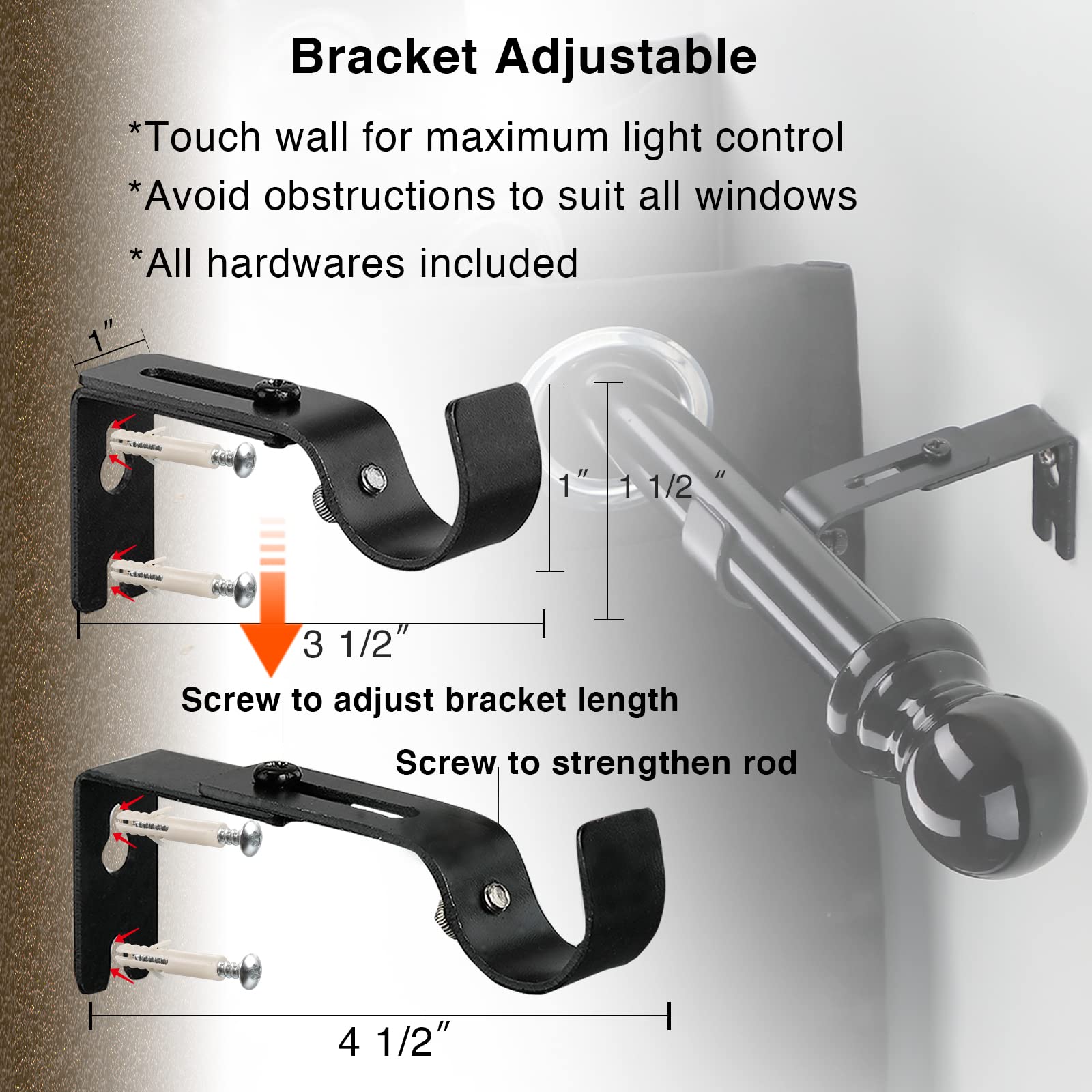 1 Inch Black Long Curtain Rods for Windows 26-144 Inches - Heavy Duty Small Decorative Window Curtain Rod Set with Brackets & Hardware for Drapes, Bedroom, Sliding Glass Door - Perfect for Living Room, Nursery & Home Decor
