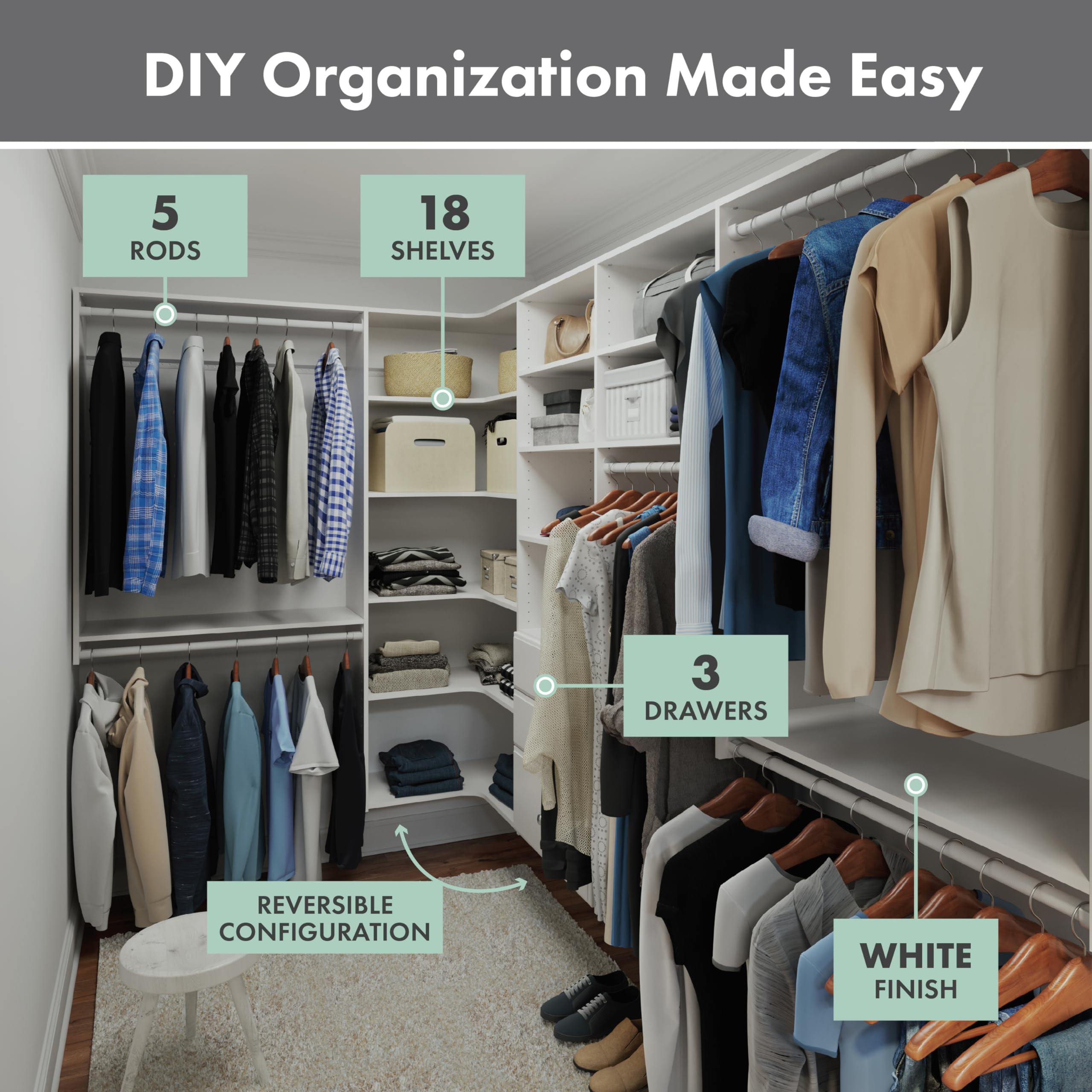 Easy Track Ultimate Corner Wood Kit Closet Organizer - White | Space-Saving Storage Solution for Bedrooms, Walk-In Closets & Home Organization