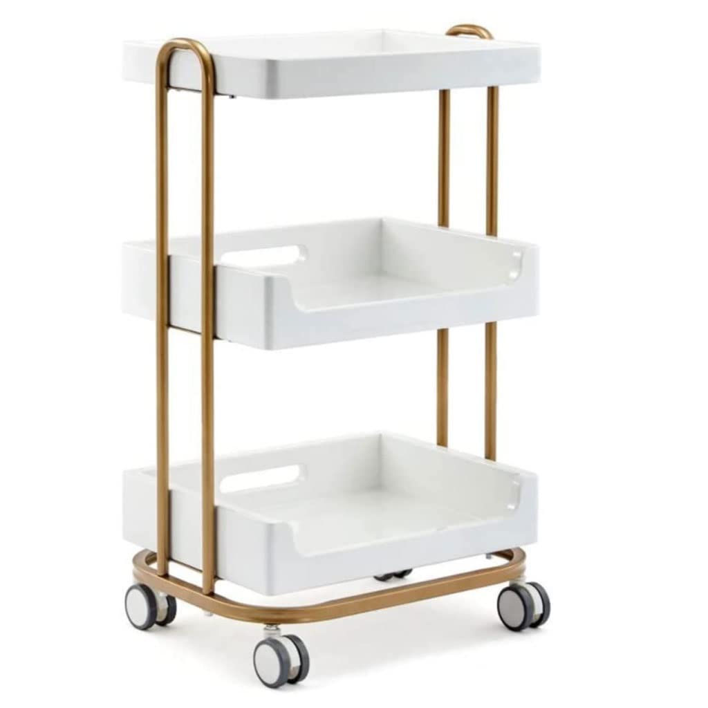 FEANG 3-Tier Rolling Storage Cart with Locking Wheels - Mobile Organizer with Wooden Shelves for Office, Bathroom, Kitchen & Dorm Room - Perfect for Organizing Supplies, Toiletries & Cleaning Products
