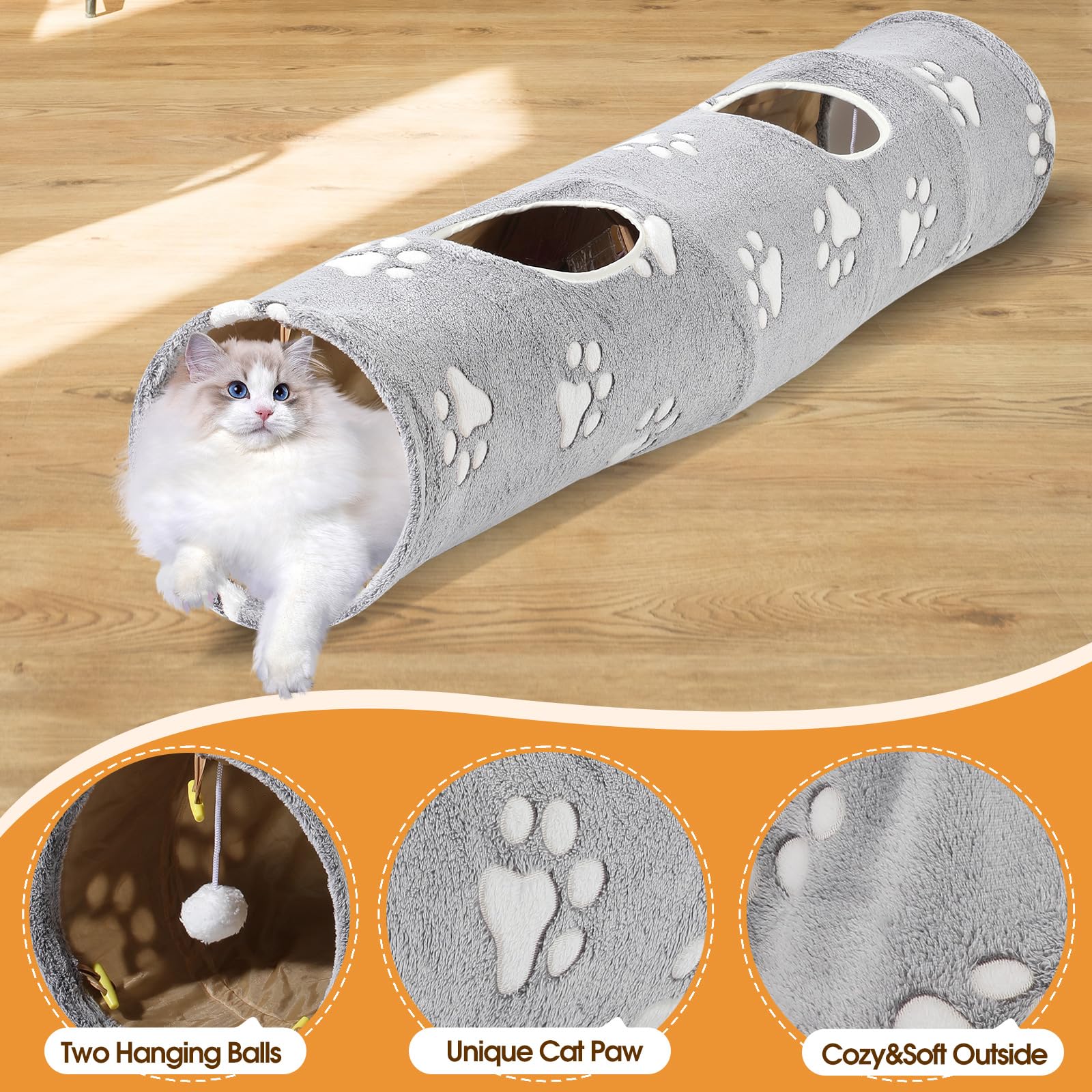 IPetStation Straight Cat Tunnel for Indoor Cats - Collapsible Plush Play Tunnel with Toy Ball for Kittens, Puppies, Bunnies & Small Dogs (Cat Print) | Fun Interactive Pet Toy for Exercise & Playtime