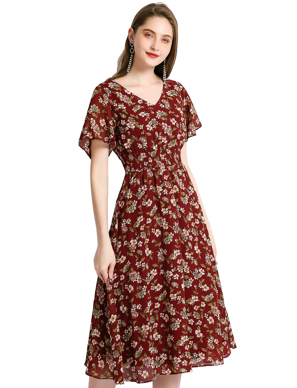 Floral Chiffon Summer Dress for Women - Elastic Waist Beach Sundress | Perfect for Beach Vacations, Garden Weddings & Outdoor Parties