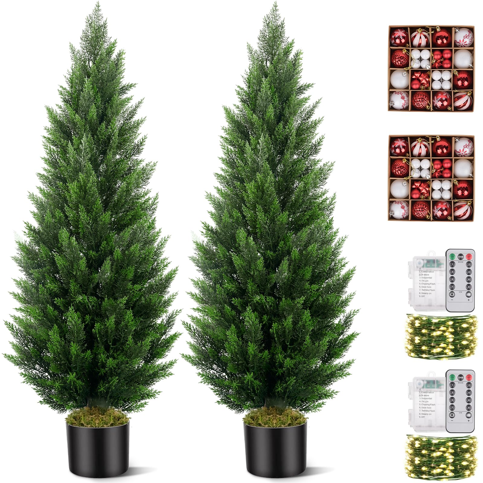 5ft Artificial Cedar Trees (2-Pack) - LED String Lights & Christmas Ball Decorations, Realistic Fake Cypress Topiary for Indoor/Outdoor Use - Perfect for Home, Front Door, Living Room, and Holiday Decor