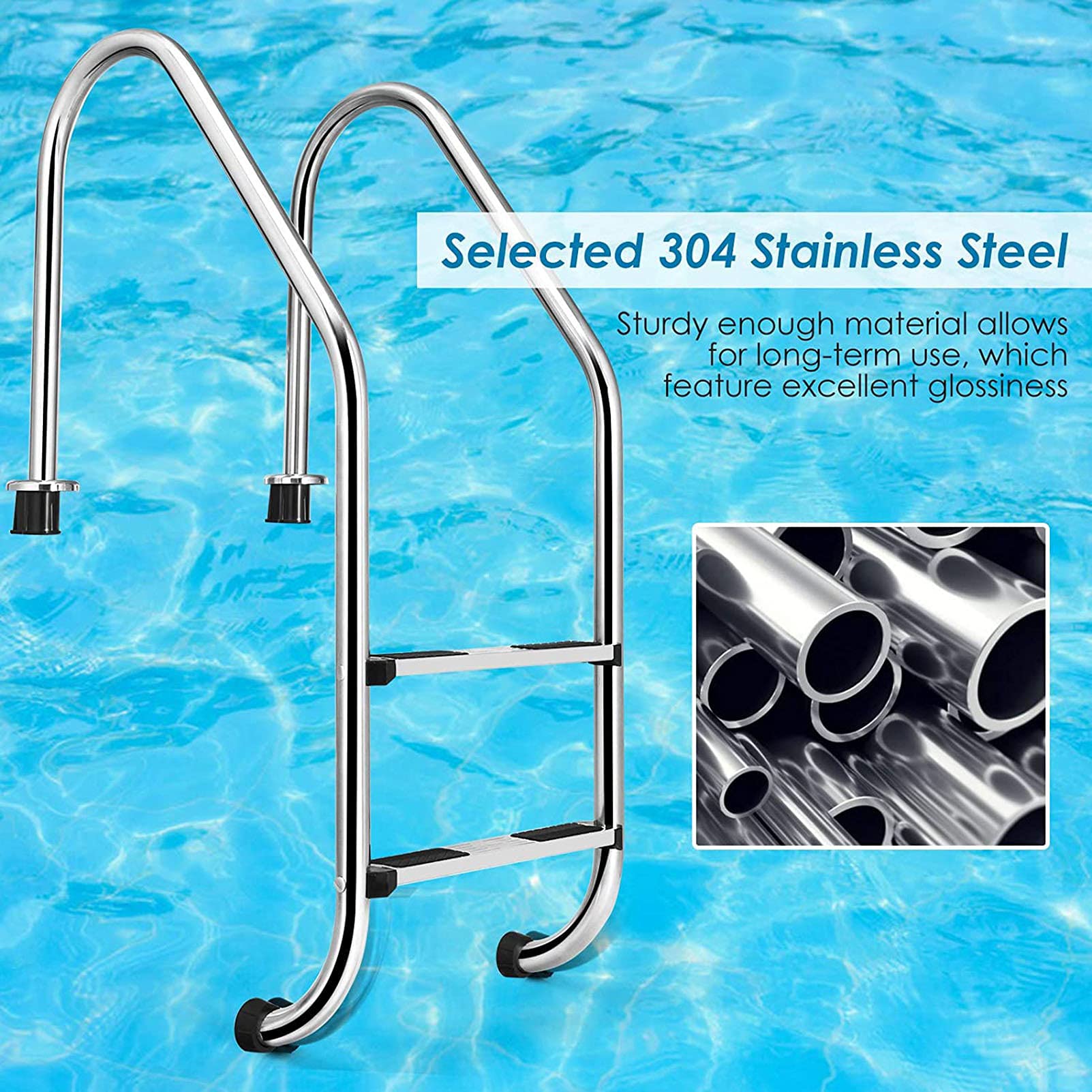 Non-Slip 304 Stainless Steel 2-Step Inground Pool Ladder with 4ft Blue Grip Cover - 440lbs Weight Capacity | Safe Handrail for Swimming Pools, Spas & Backyard Safety | Perfect for Residential & Commercial Use