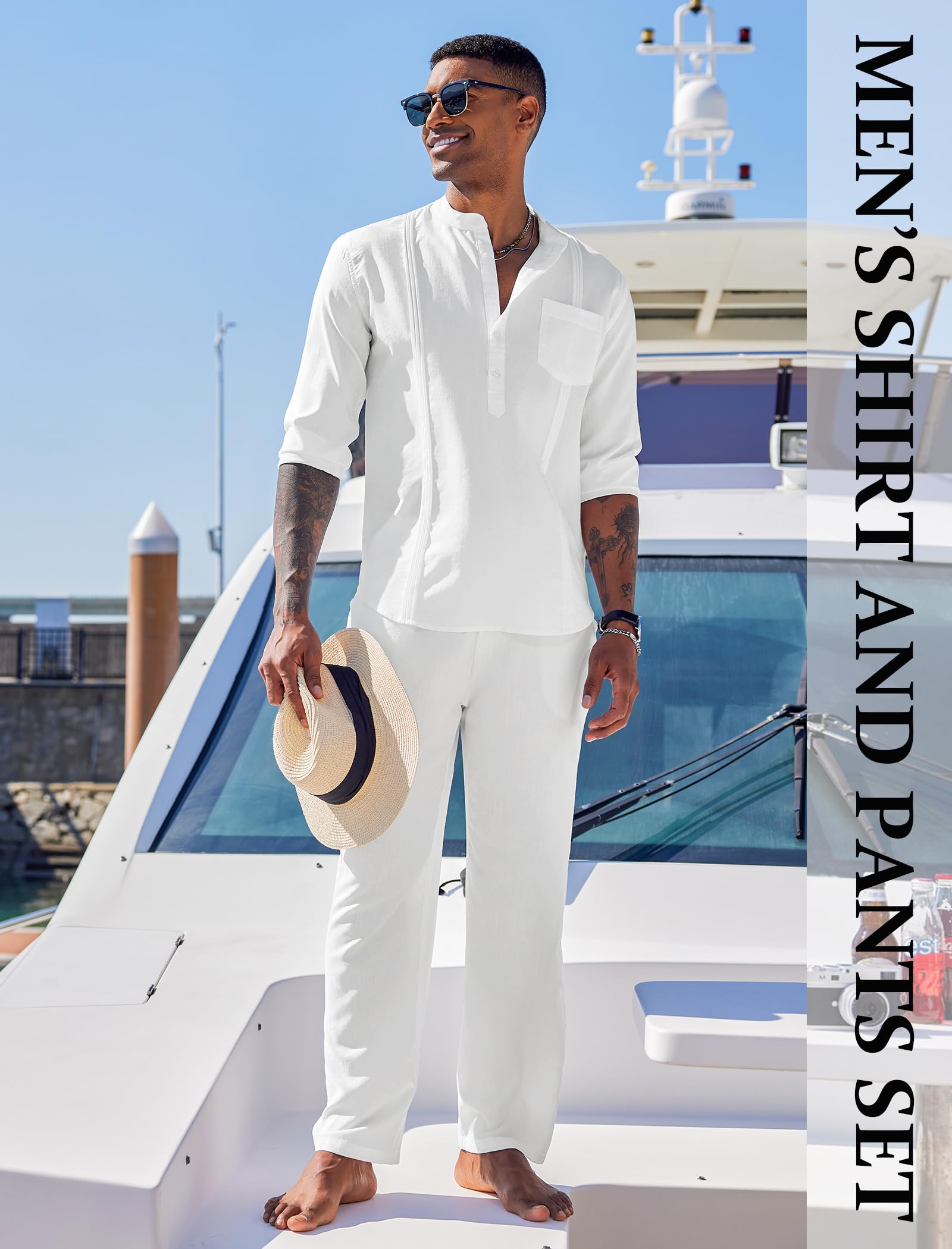 COOFANDY Men's 2-Piece Cotton Linen Outfit Set - Breathable Long Sleeve Henley Shirt & Comfortable Yoga Pants - Casual Beachwear, Cuban Style Lounge Set for Summer Vacation, Yoga, and Relaxation