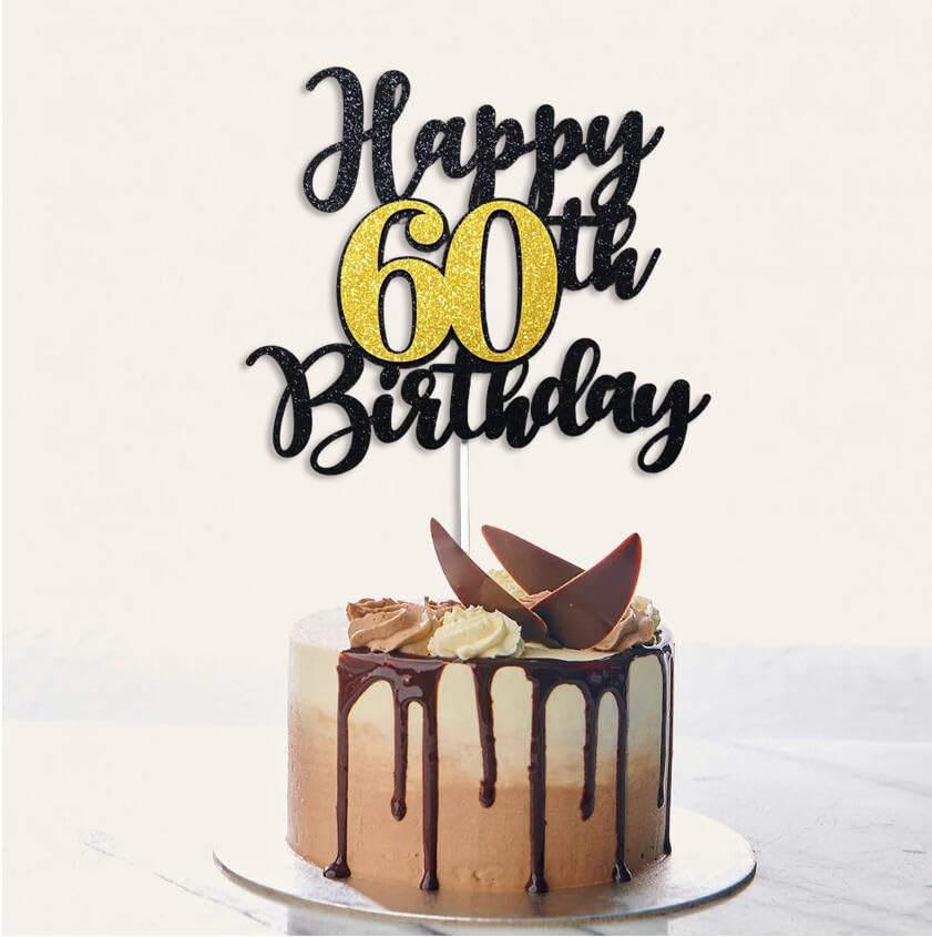 60th Birthday Cake Topper - Black & Gold Glitter 'Cheers to 60 Years' Decorations | 60 and Fabulous Bday Party Supplies for Anniversary Celebrations | Perfect for Milestone Birthday Cakes, Retirement Parties & Golden Jubilee Decor