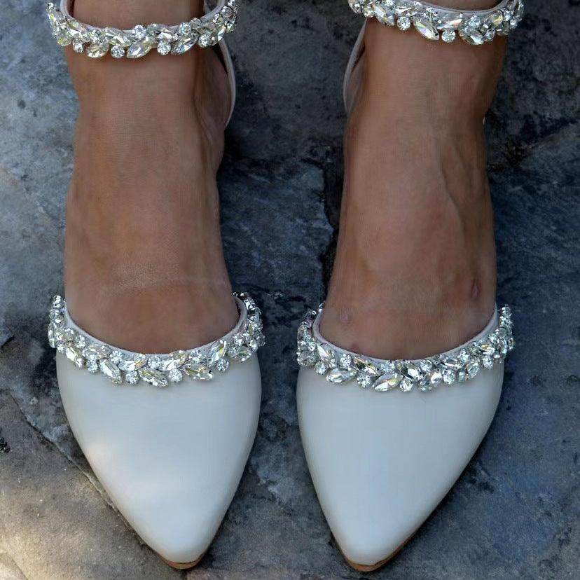 Rhinestone Ankle Strap Pointy Toe Flat Shoes for Women - Elegant Evening Party & Wedding Dress Sandals