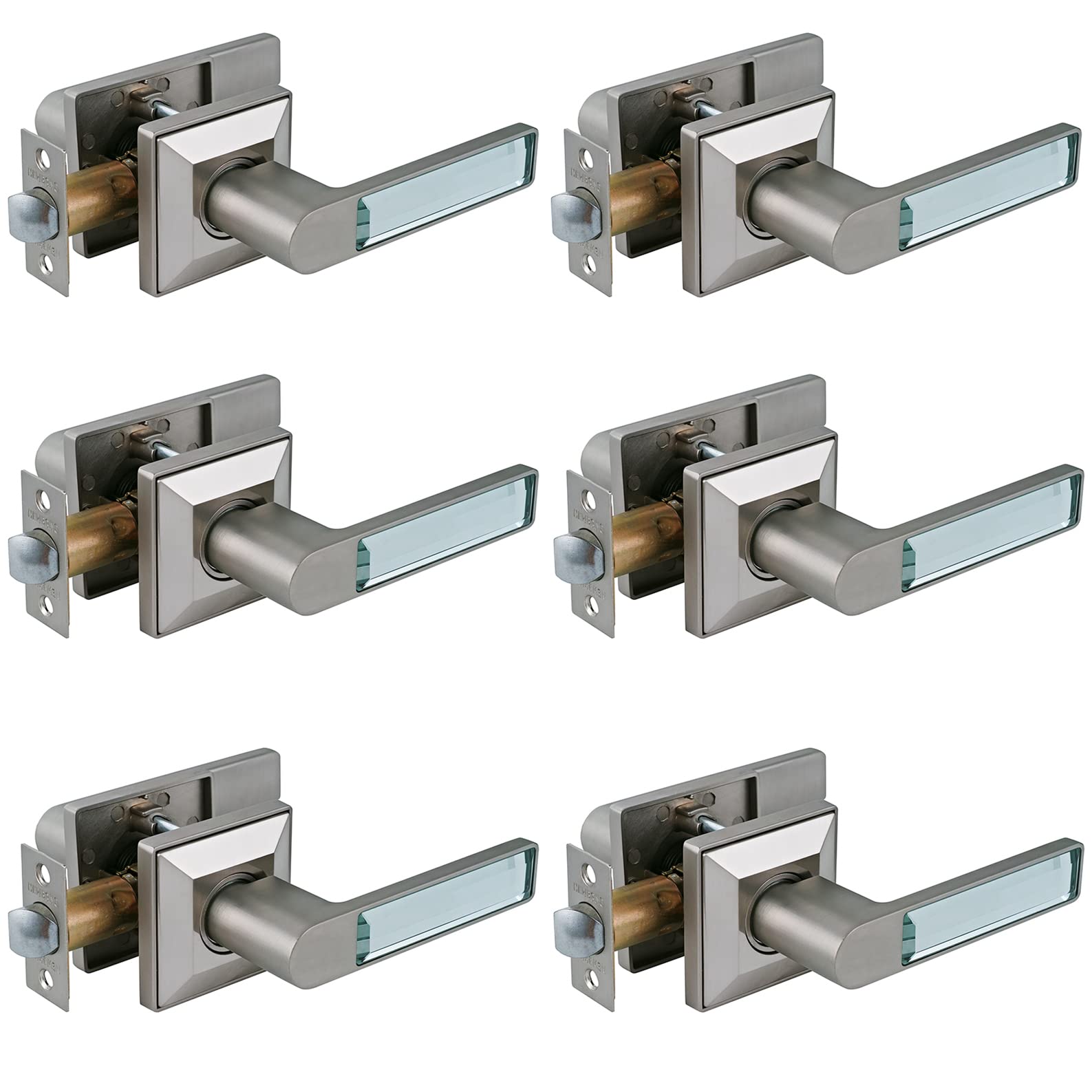 Brushed Nickel Glass Crystal Door Lever Set - 6 Pack Non-Locking Passage Lever for Hallway & Closet Doors - Durable Glass Door Handle for Interior Doors, Bedrooms & Office Spaces