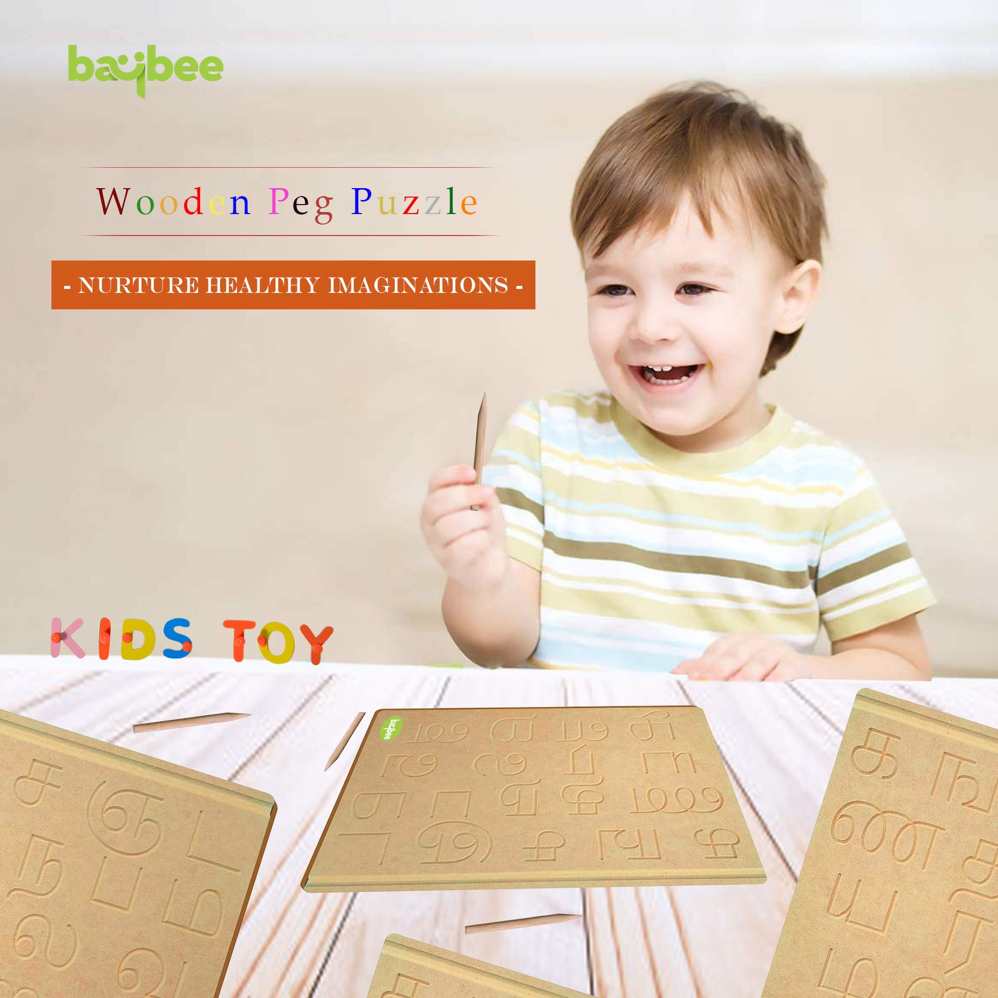 BAYBEE Wooden Tamil Consonants Learning Board - Kids Educational Alphabet Tracing Toy with Tamil Letters for Handwriting Practice - Montessori Wood Puzzle for Boys & Girls - Perfect for Homeschooling & Preschool Learning Activities