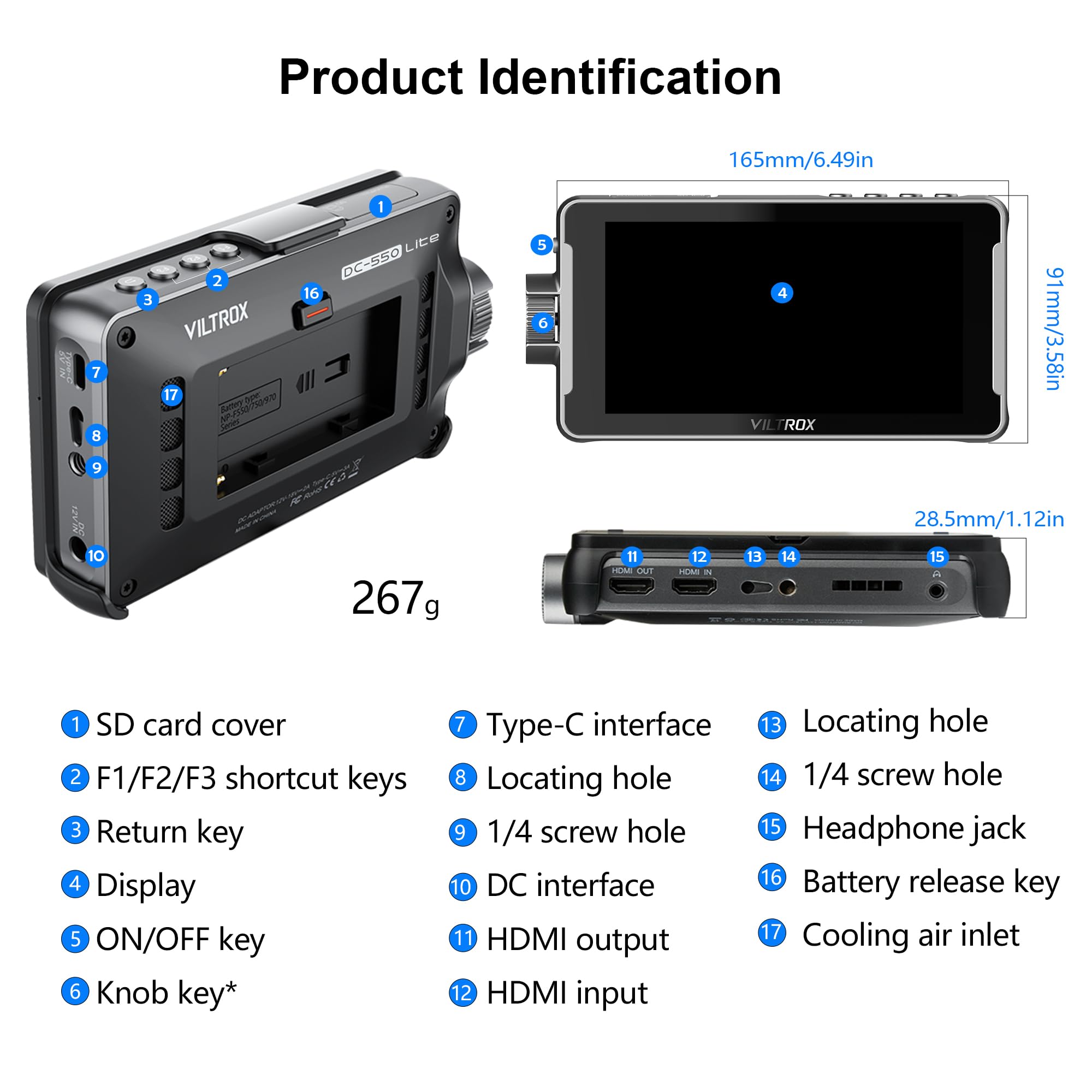 VILTROX DC-550 Lite 5.5 Inch 4K Touchscreen Camera Field Monitor with HDMI Input/Output, 400Nits Brightness, Peaking Focus Assist, Sunshade Hood & Battery - Perfect for DSLR Filmmaking, Video Production, and On-Camera Monitoring