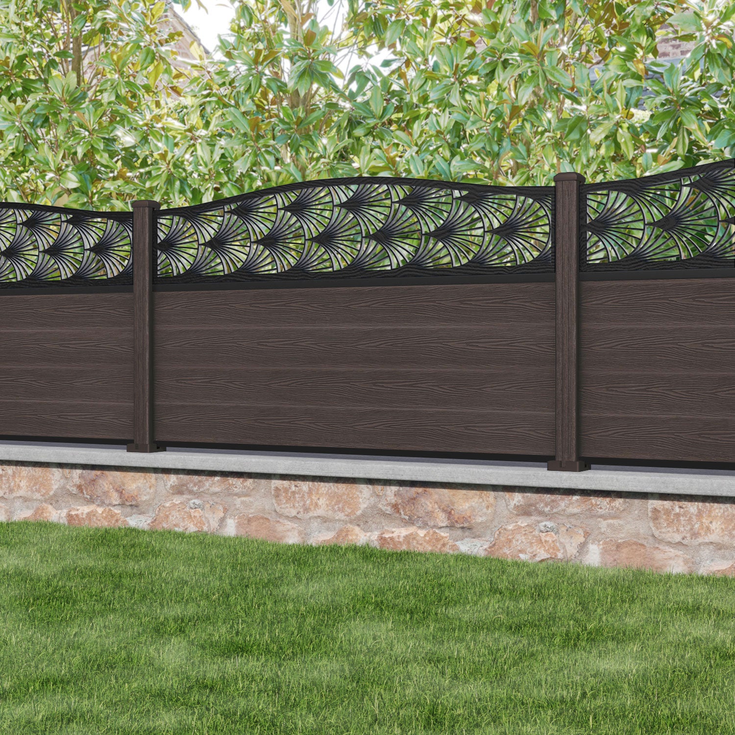 Classic Laurel Curved Top Composite Fence Panel - Mid Brown Wood Grain Finish | Weather-Resistant & Low Maintenance | Perfect for Backyard Privacy, Garden Borders & Poolside Landscaping