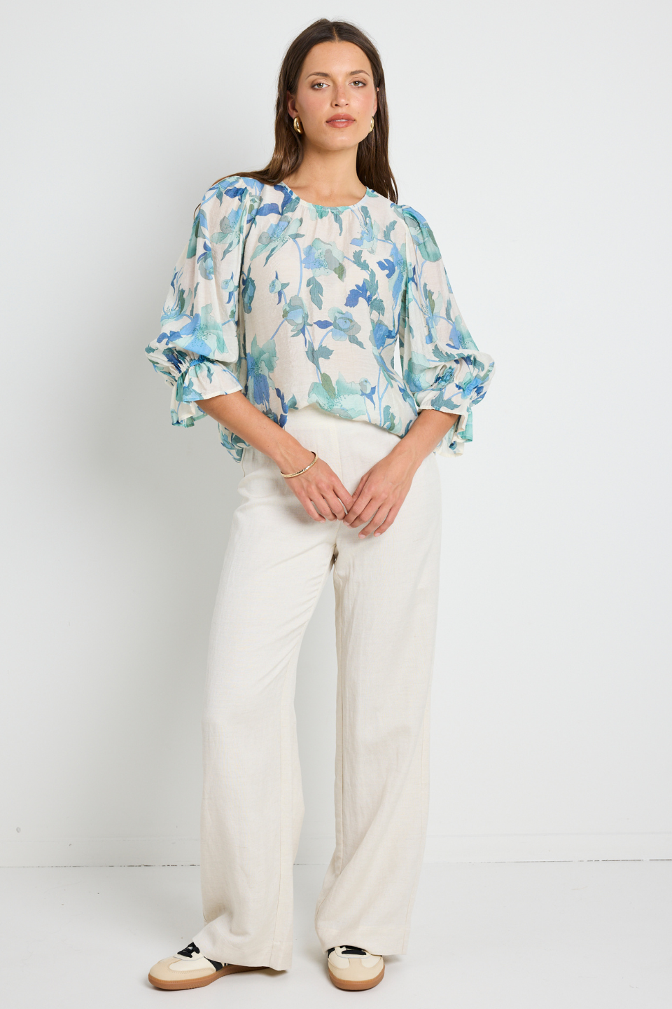 Candid Blue Cream Floral Frill Sleeve Crew Neck SS Top - Women's Casual Summer Blouse for Beach Outings & Date Nights