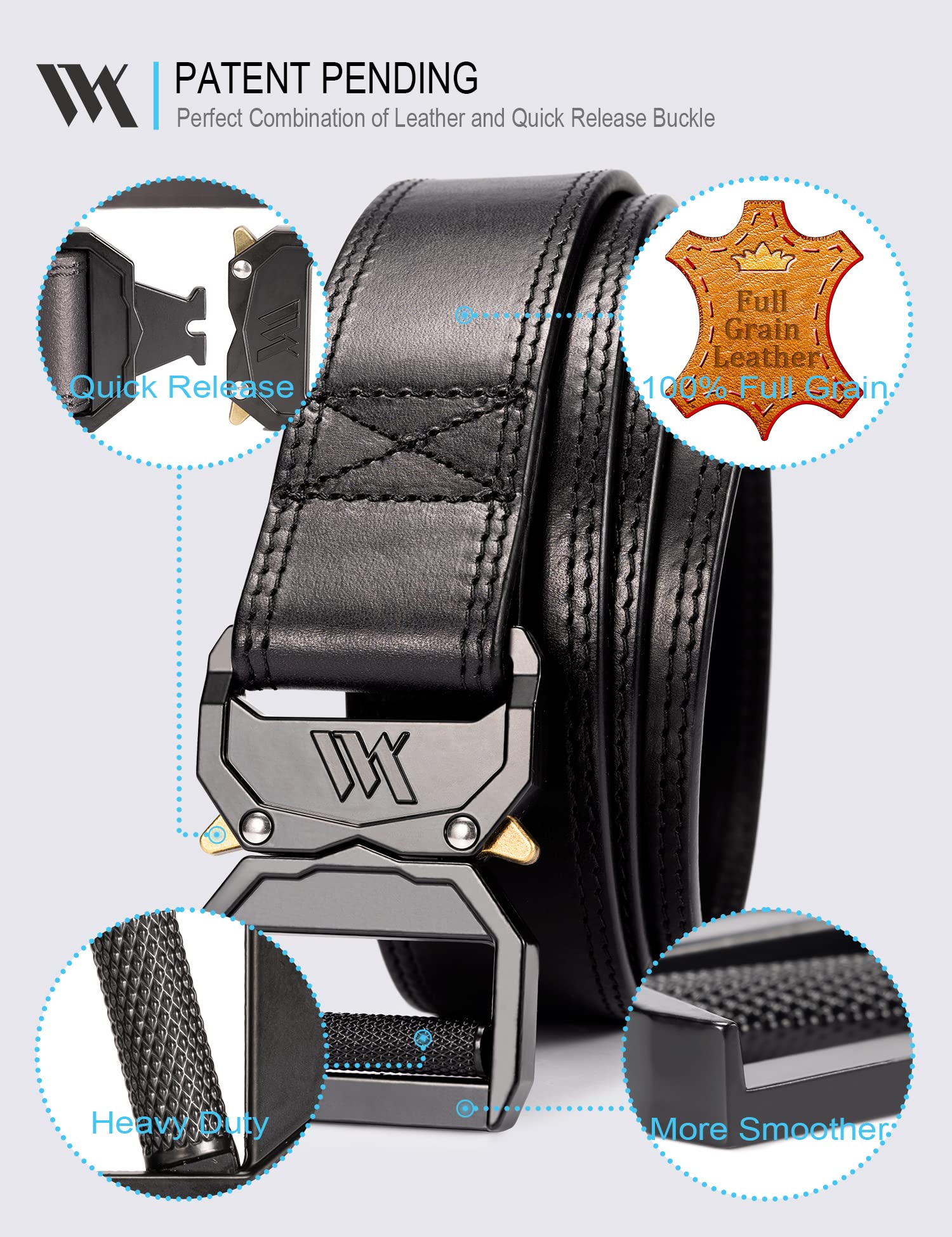 Premium WOLFANT Leather Tactical Belt - 100% Italian Full Grain Leather Military Belt for Hiking, Work & Concealed Carry | Heavy Duty Quick Release Buckle | Perfect for Outdoor Adventures, Tactical Gear & Everyday Wear