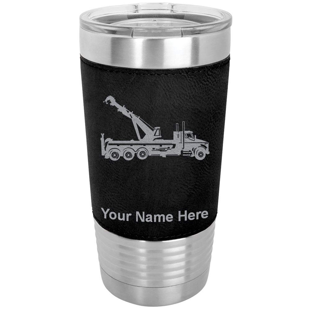 LaserGram 20oz Vacuum Insulated Stainless Steel Tumbler Mug - Custom Engraved Tow Truck Wrecker Design, Leakproof & Sweatproof, Keeps Drinks Hot/Cold for Hours - Perfect for Coffee, Tea, Water - Ideal for Truckers, Construction Workers & Outdoor Enthusiasts (Faux Leather, Black)
