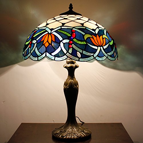 Tiffany Style Stained Glass Table Lamp - Blue Lotus Design, 16x16x24 Inches, Metal Base for Bedroom, Living Room, Home Office (S220 Series) | Perfect for Reading, Nightstand Decor & Cozy Ambiance Lighting