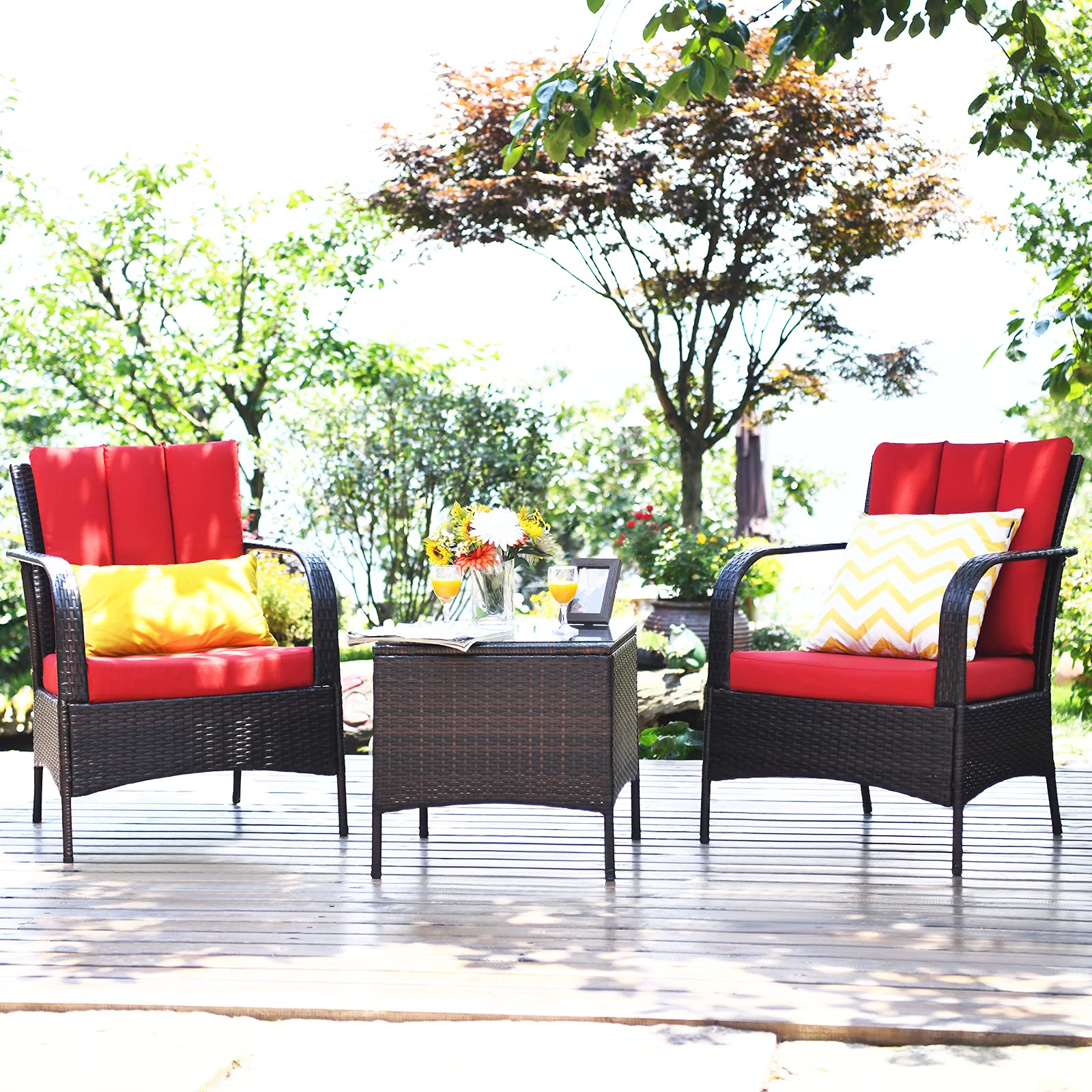 Tangkula 3-Piece Outdoor Patio Furniture Set - 2 Rattan Wicker Chairs with Tempered Glass Coffee Table - Weather-Resistant Garden, Porch, Poolside Conversation Set for Backyard, Deck, and Outdoor Relaxation