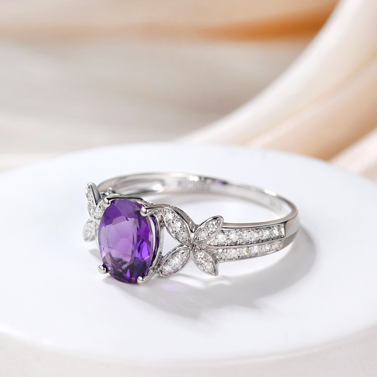 14K White Gold Handmade Purple Amethyst Engagement Ring - 6x8mm Oval Cut Diamond Butterfly Flower Promise Ring for Women | Wedding, Anniversary, Valentine's Day Gift